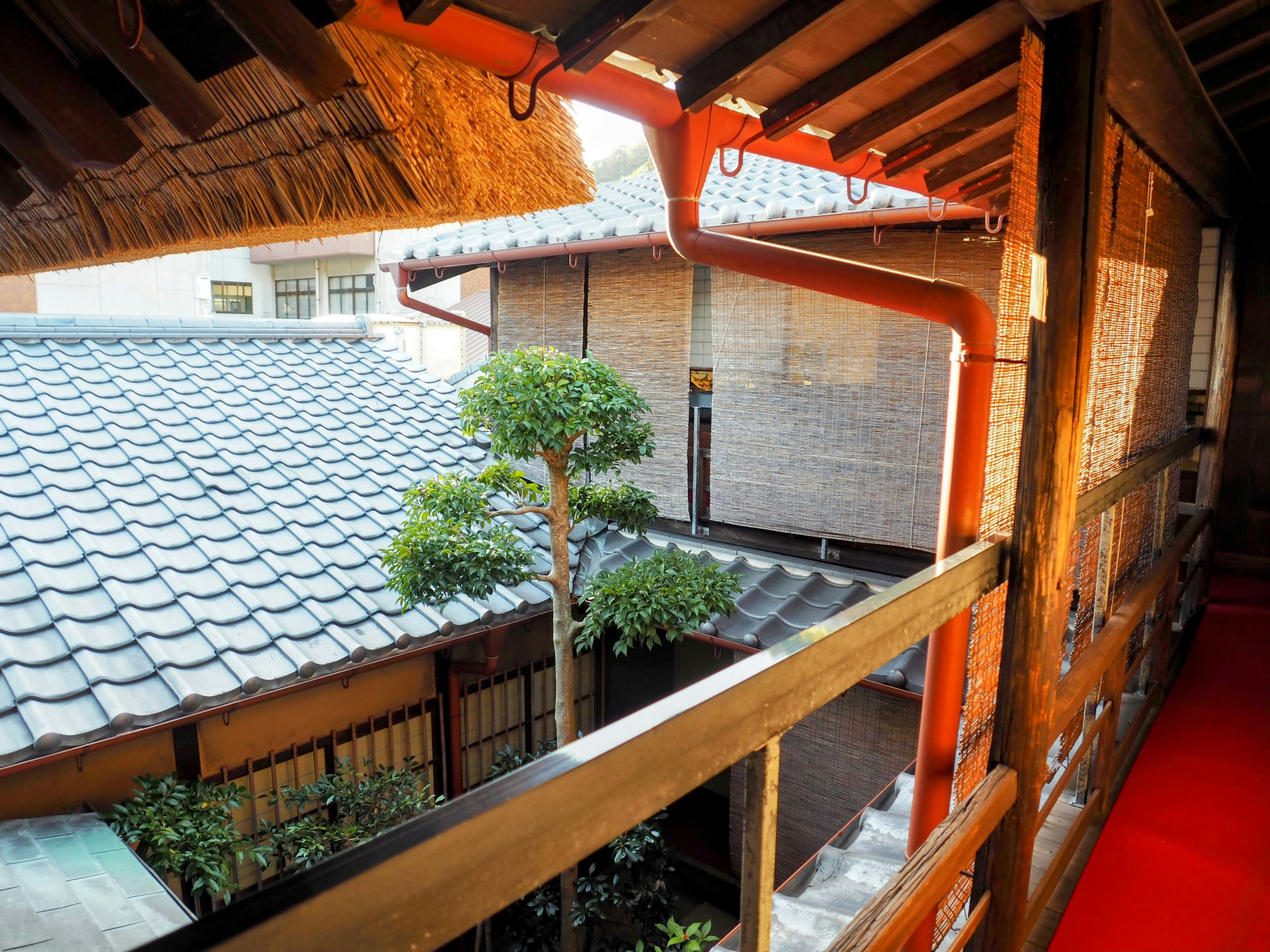 View from a traditional Japanese balcony overlooking a garden with tiled roofs and green trees