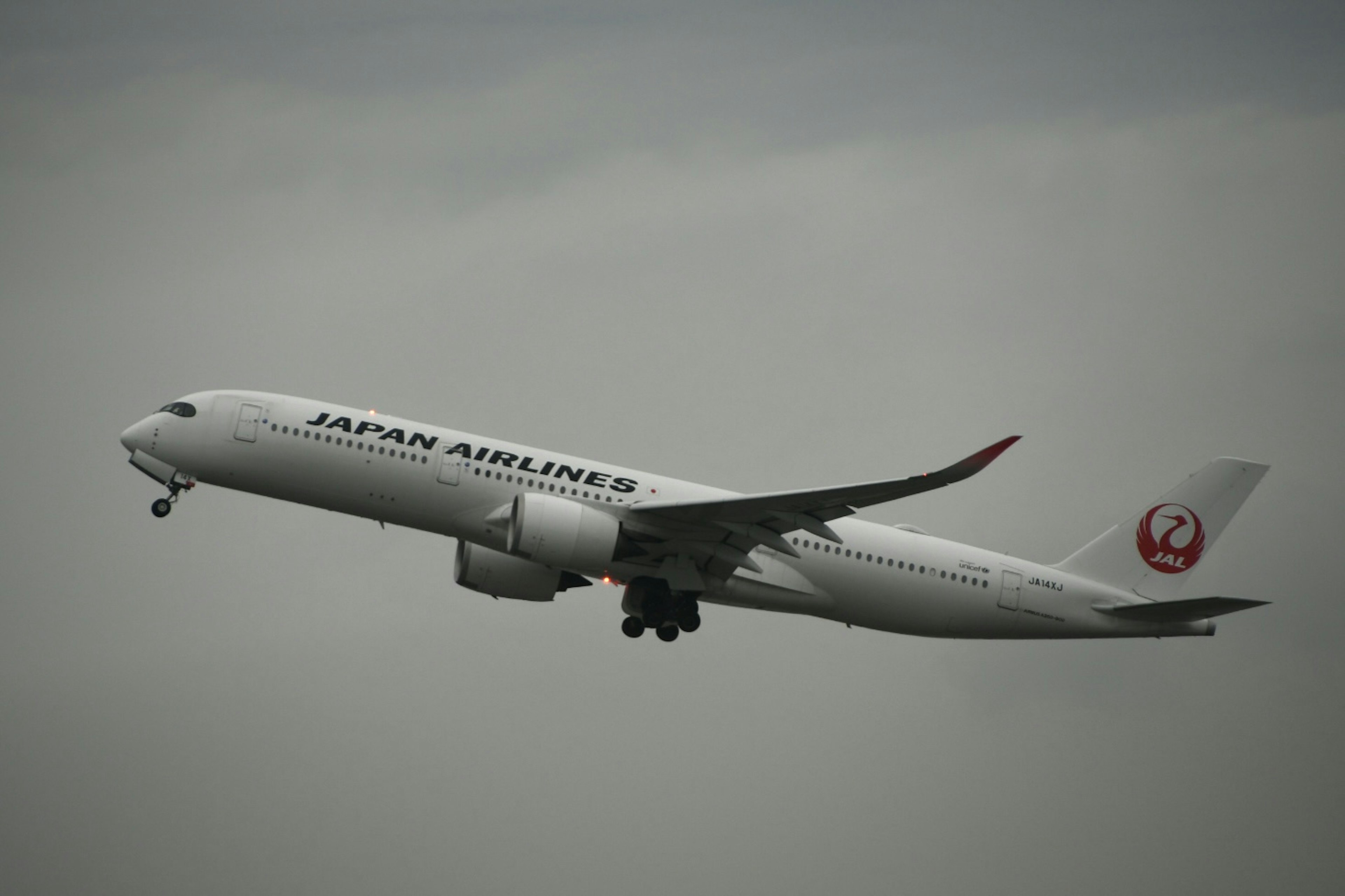 Pesawat Japan Airlines lepas landas di bawah langit mendung