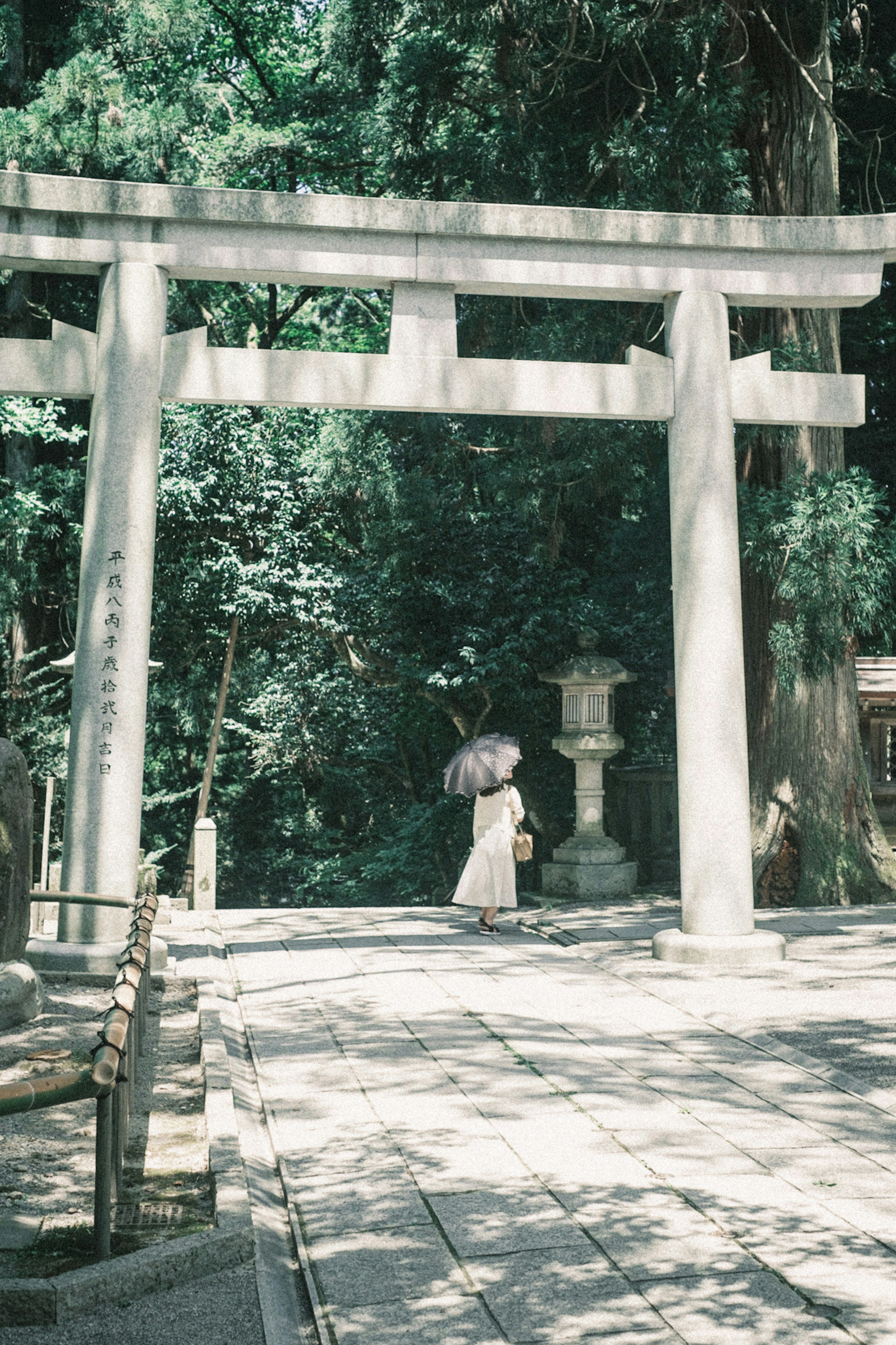 A woman holding an umbrella standing in front of a torii gate at a shrine