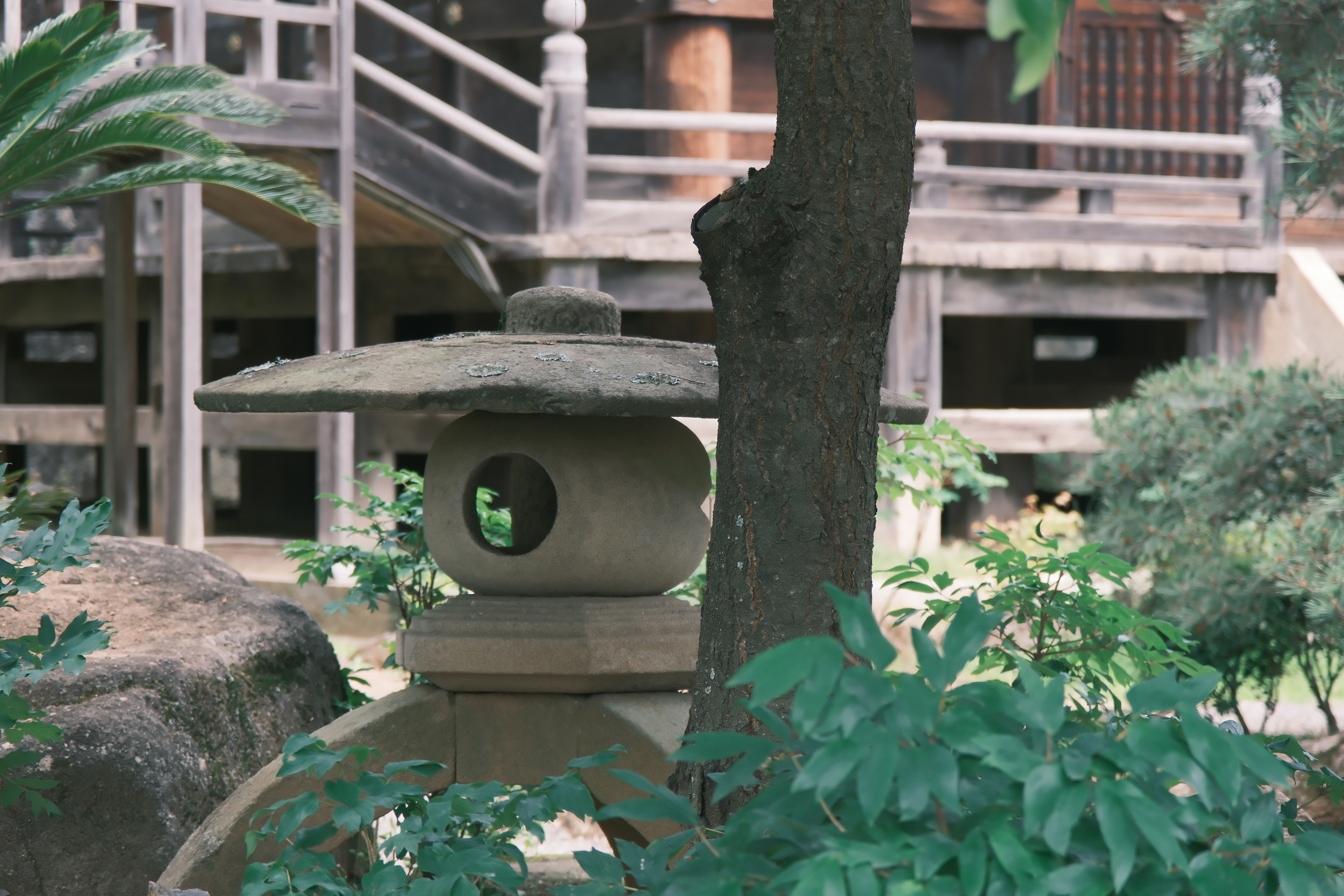 Steinlaterne in einem japanischen Garten umgeben von üppigem Grün