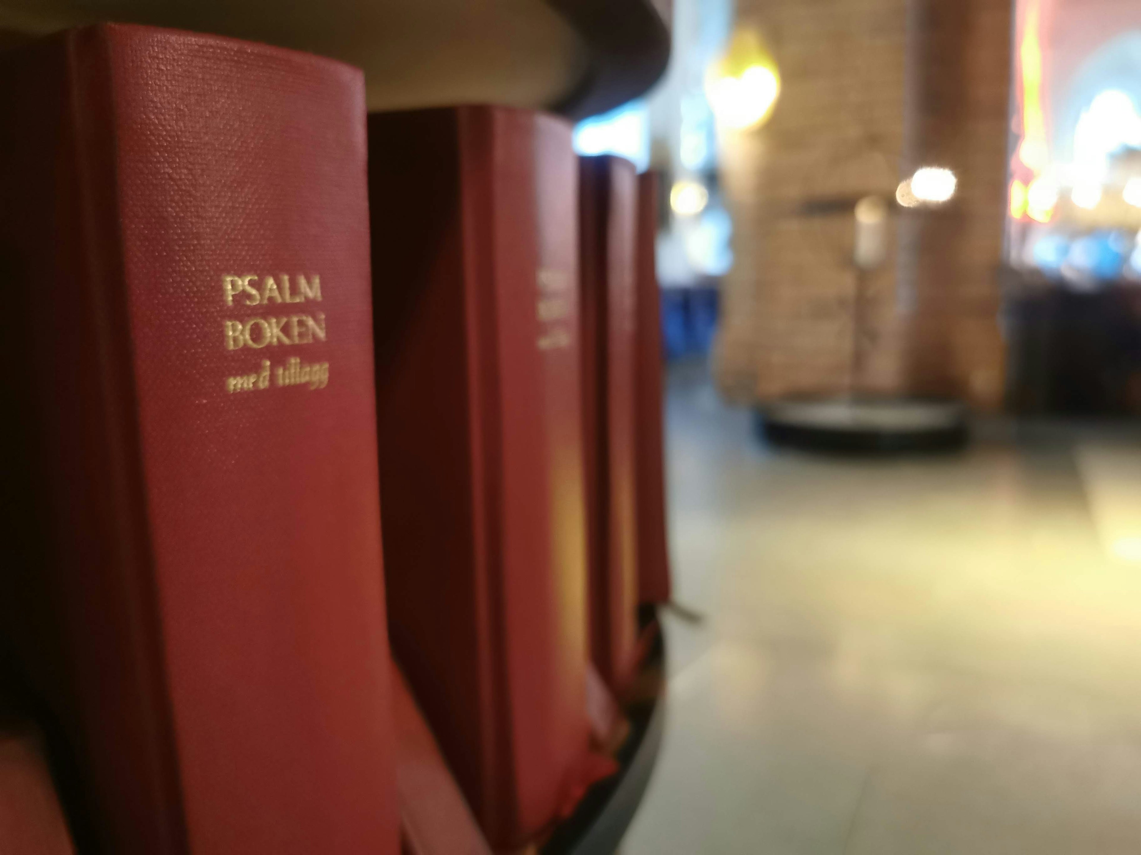 Primo piano di libri rossi su uno scaffale con il titolo 'PSALM BOK' in lettere dorate