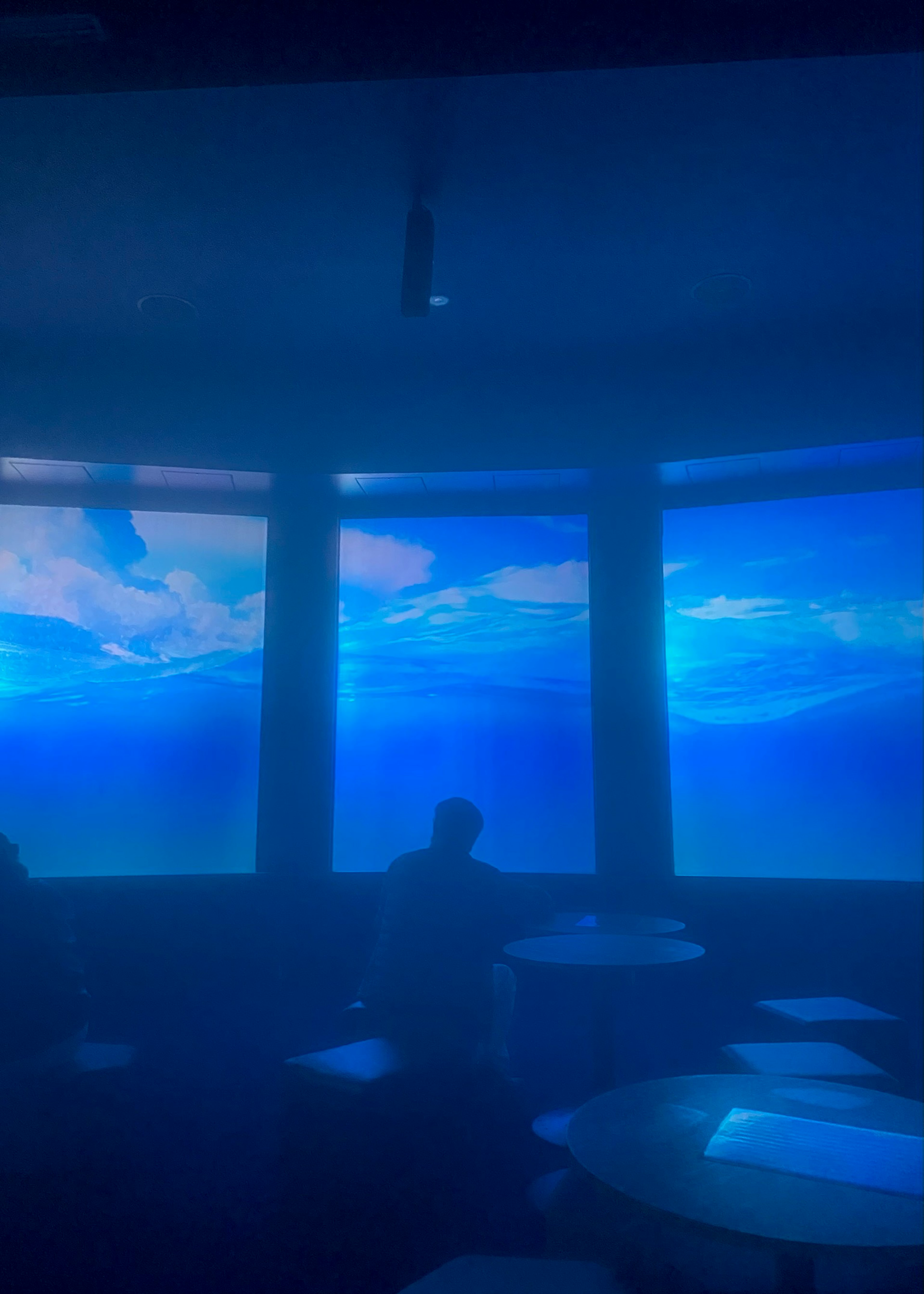 Interior of a cafe with expansive blue ocean views person seated at a table