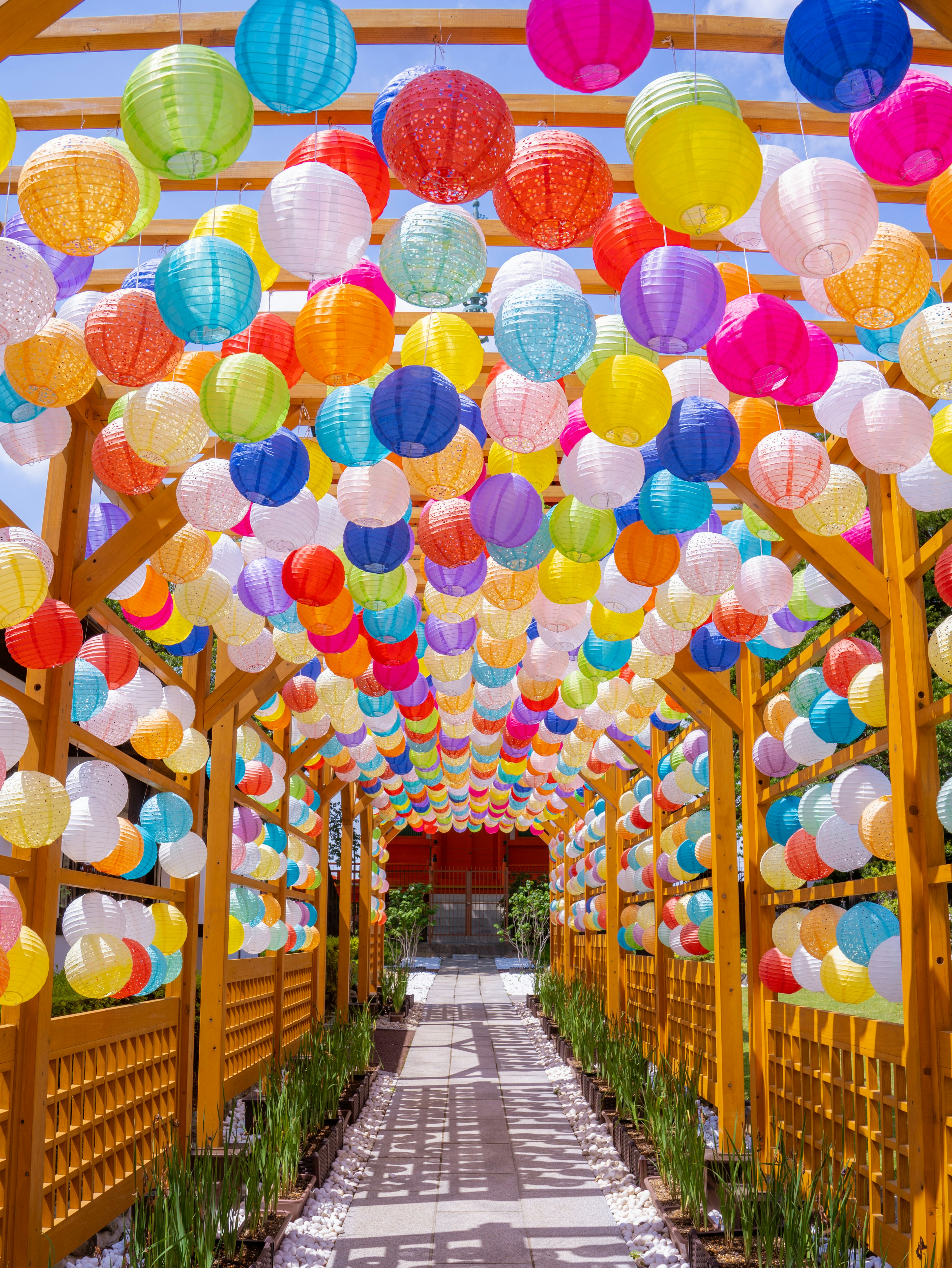 Colorful lanterns hanging in a beautiful archway