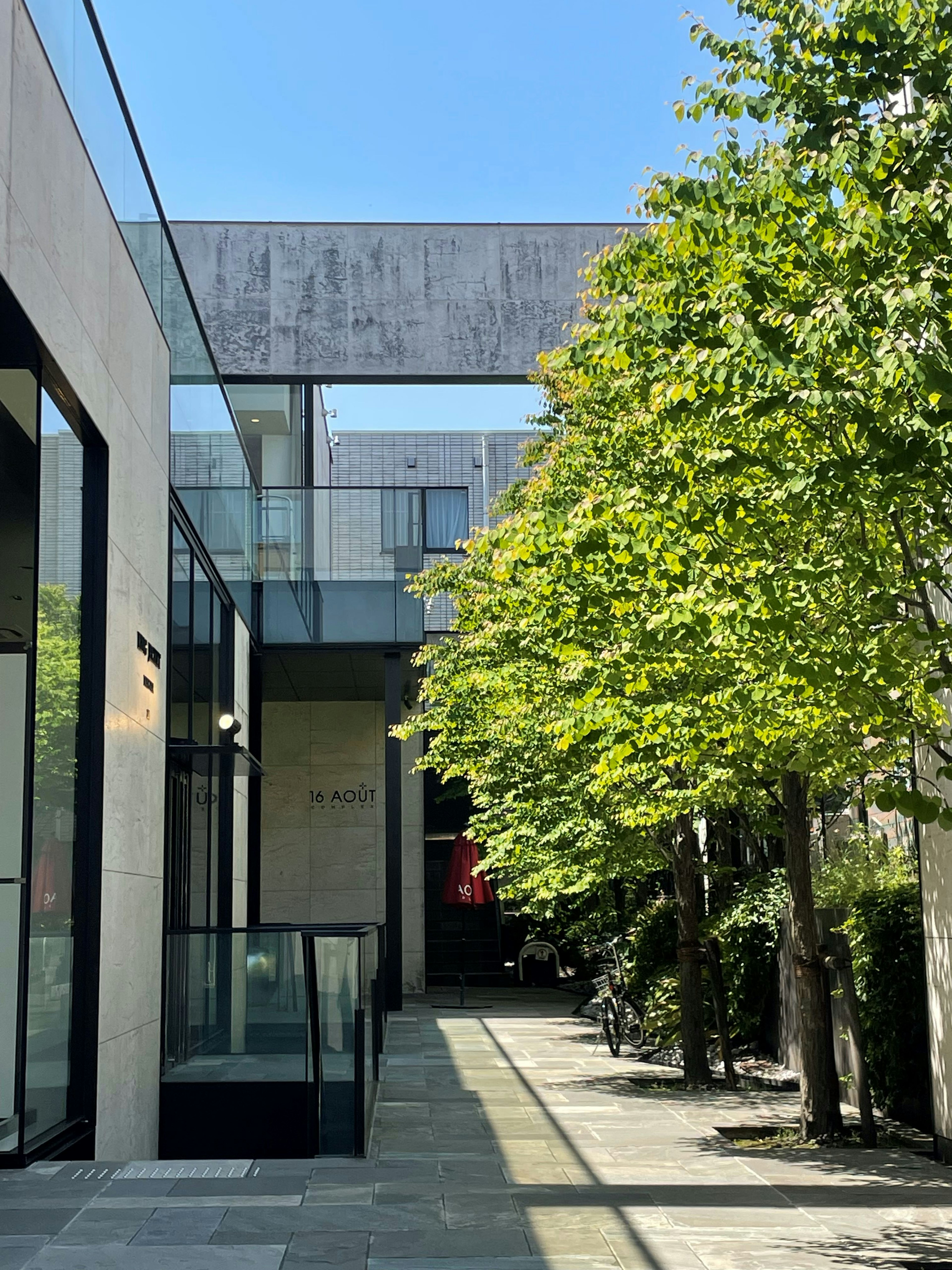 A modern building with greenery along the walkway