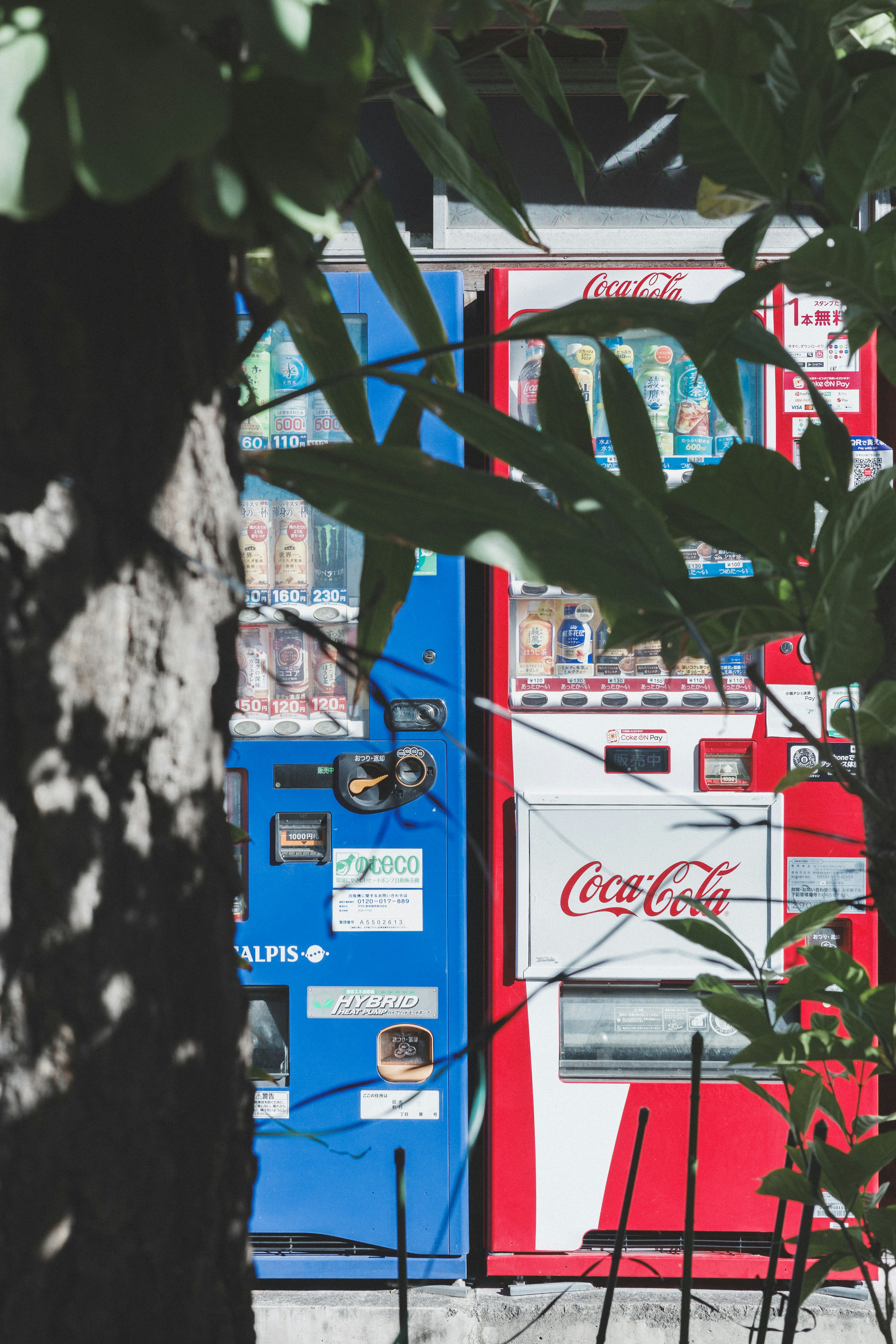 Distributore automatico blu e distributore automatico Coca-Cola rosso affiancati