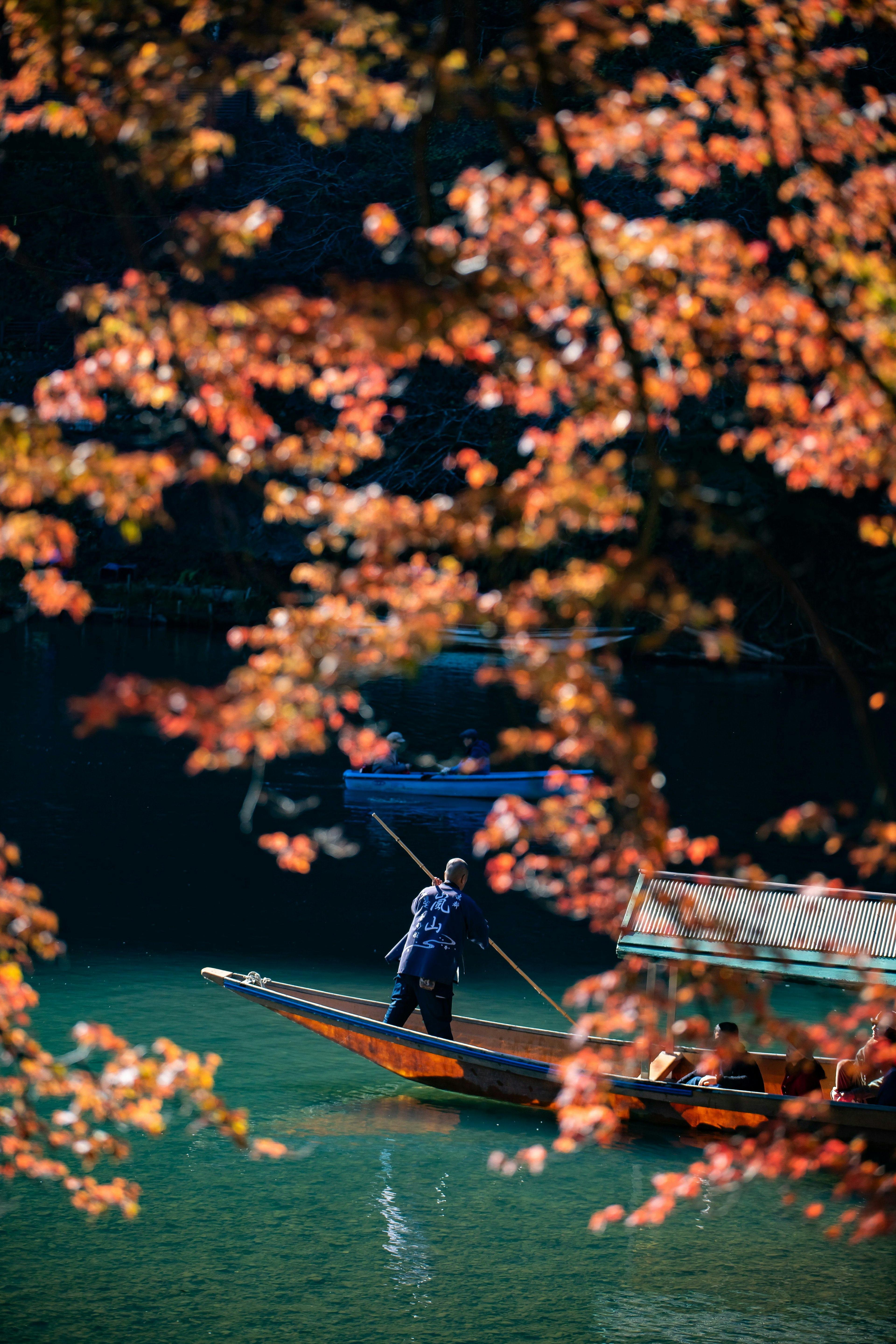 Persona che remando su una barca tra il fogliame autunnale