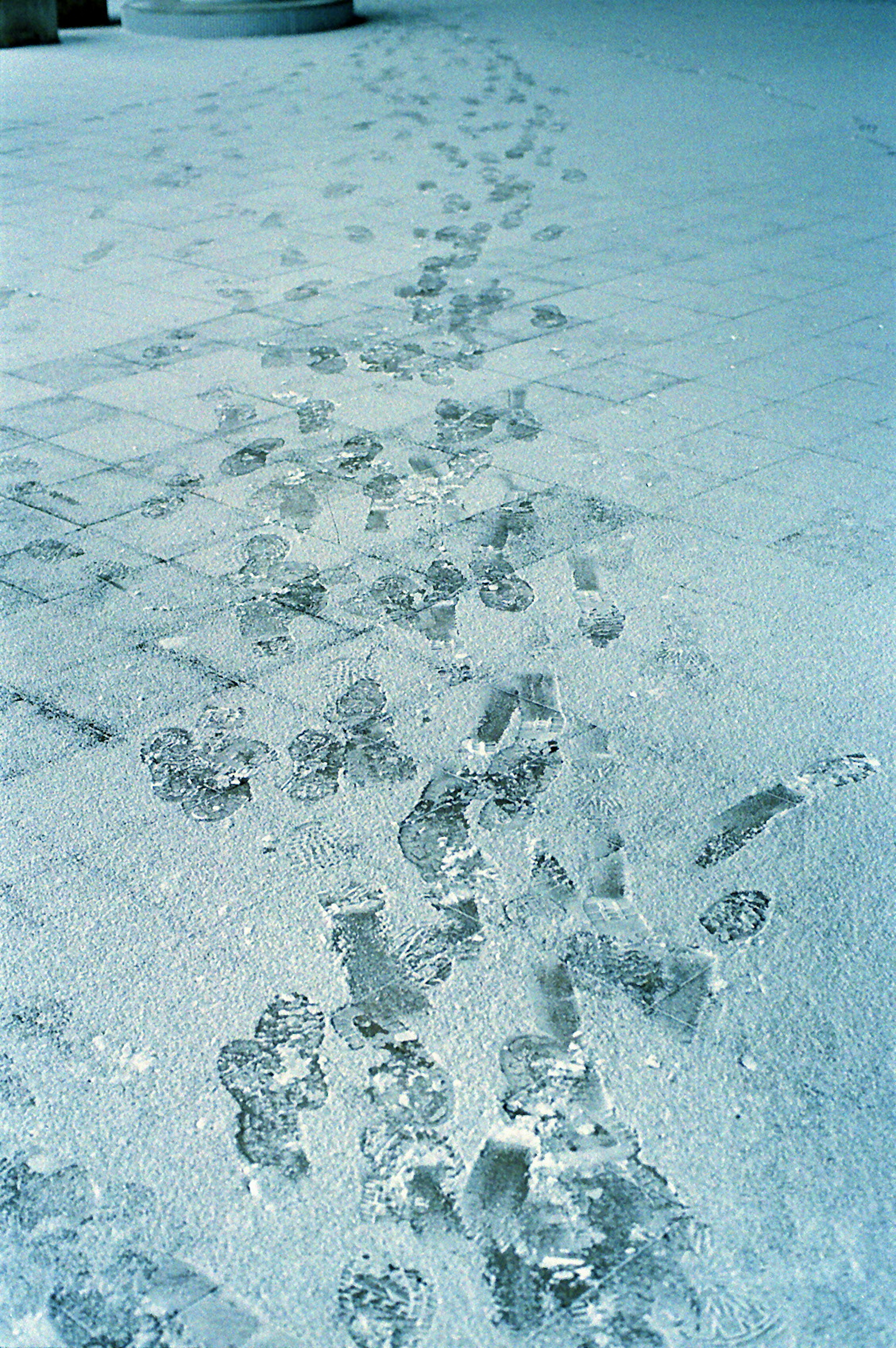 Footprints on a snowy surface leading away