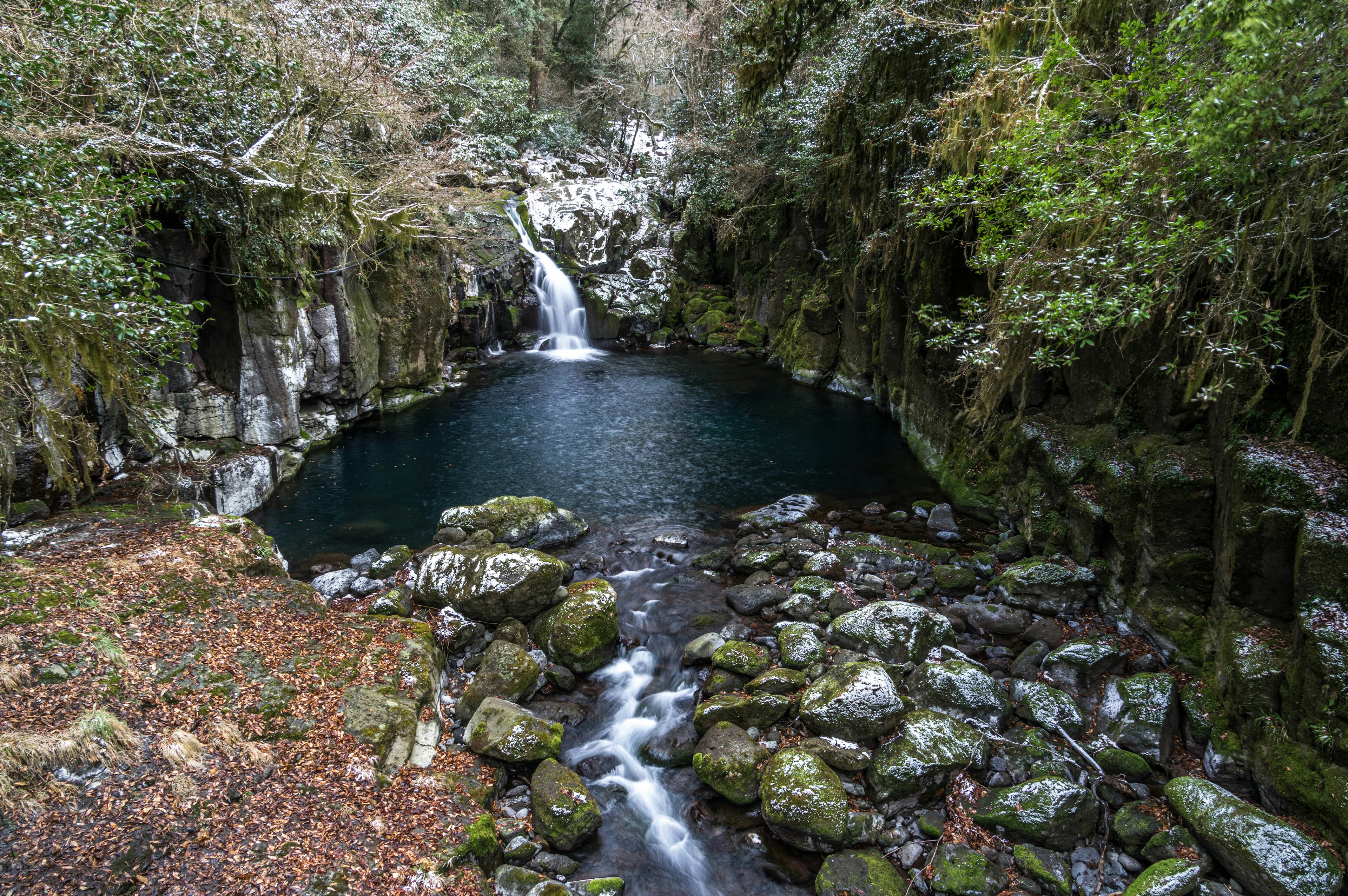 Étang serein entouré de rochers et d'arbres avec une cascade