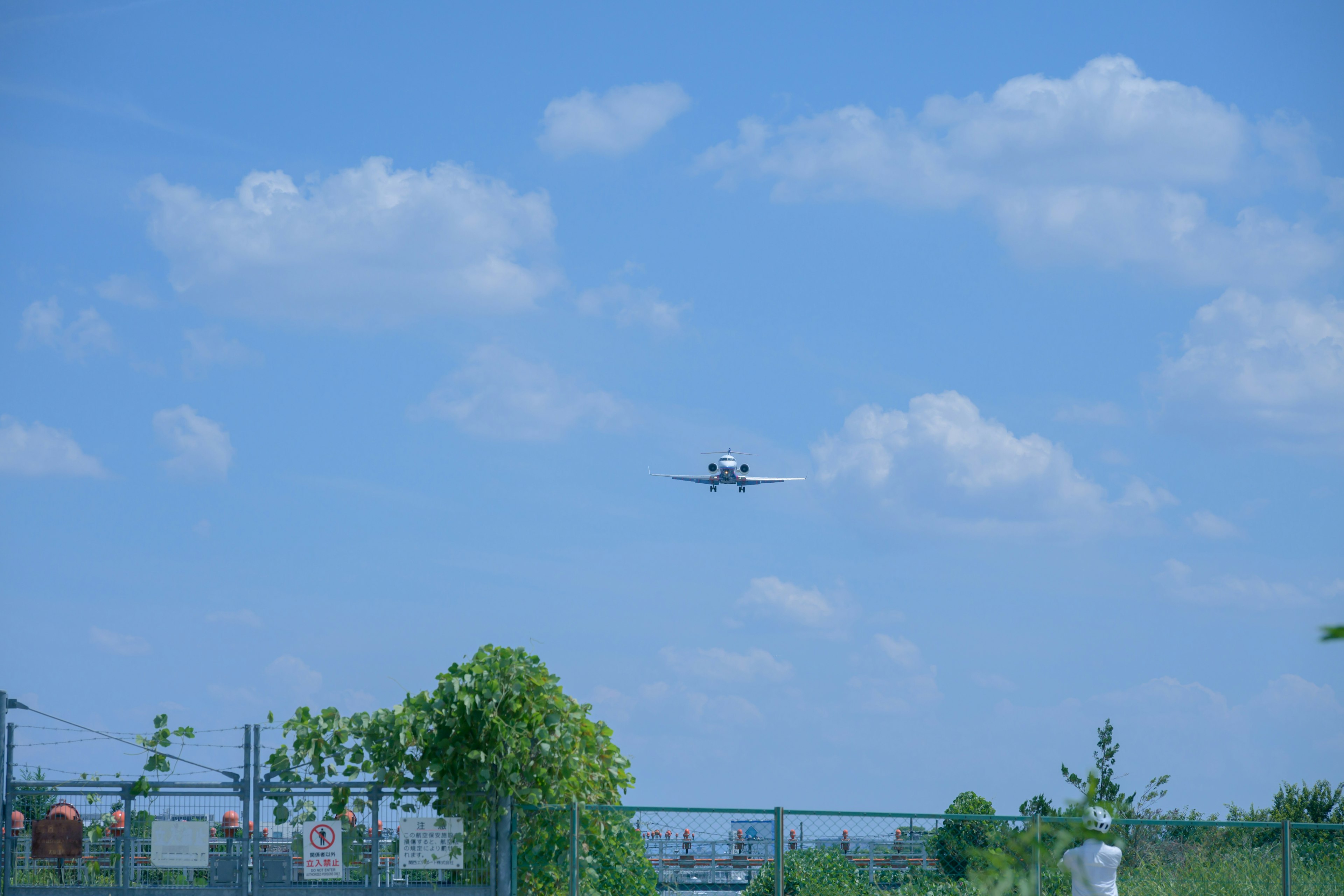 Un avión aterrizando bajo un cielo azul con nubes árboles verdes y una cerca visible