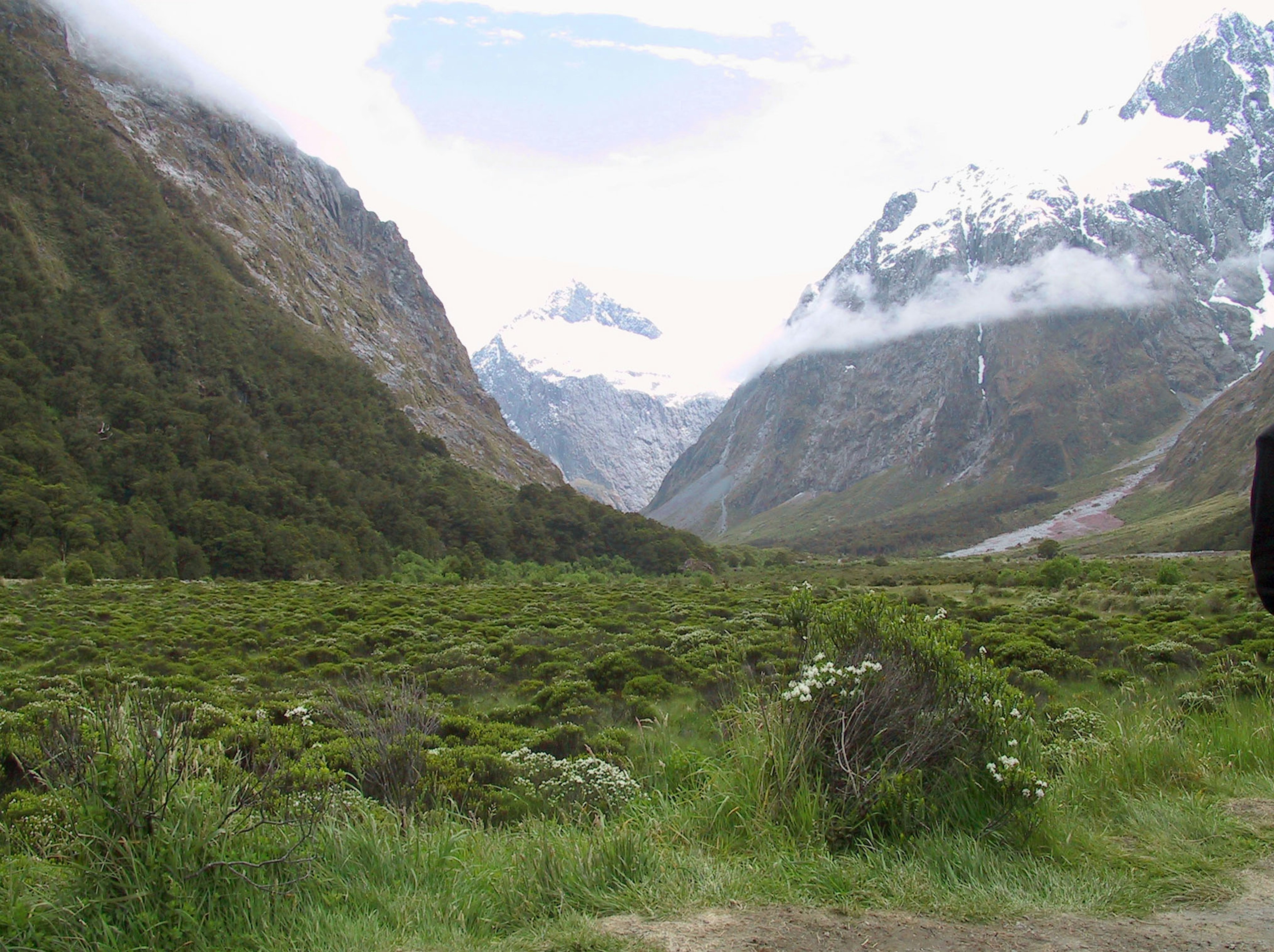 Scenic view of majestic mountains and lush green valley