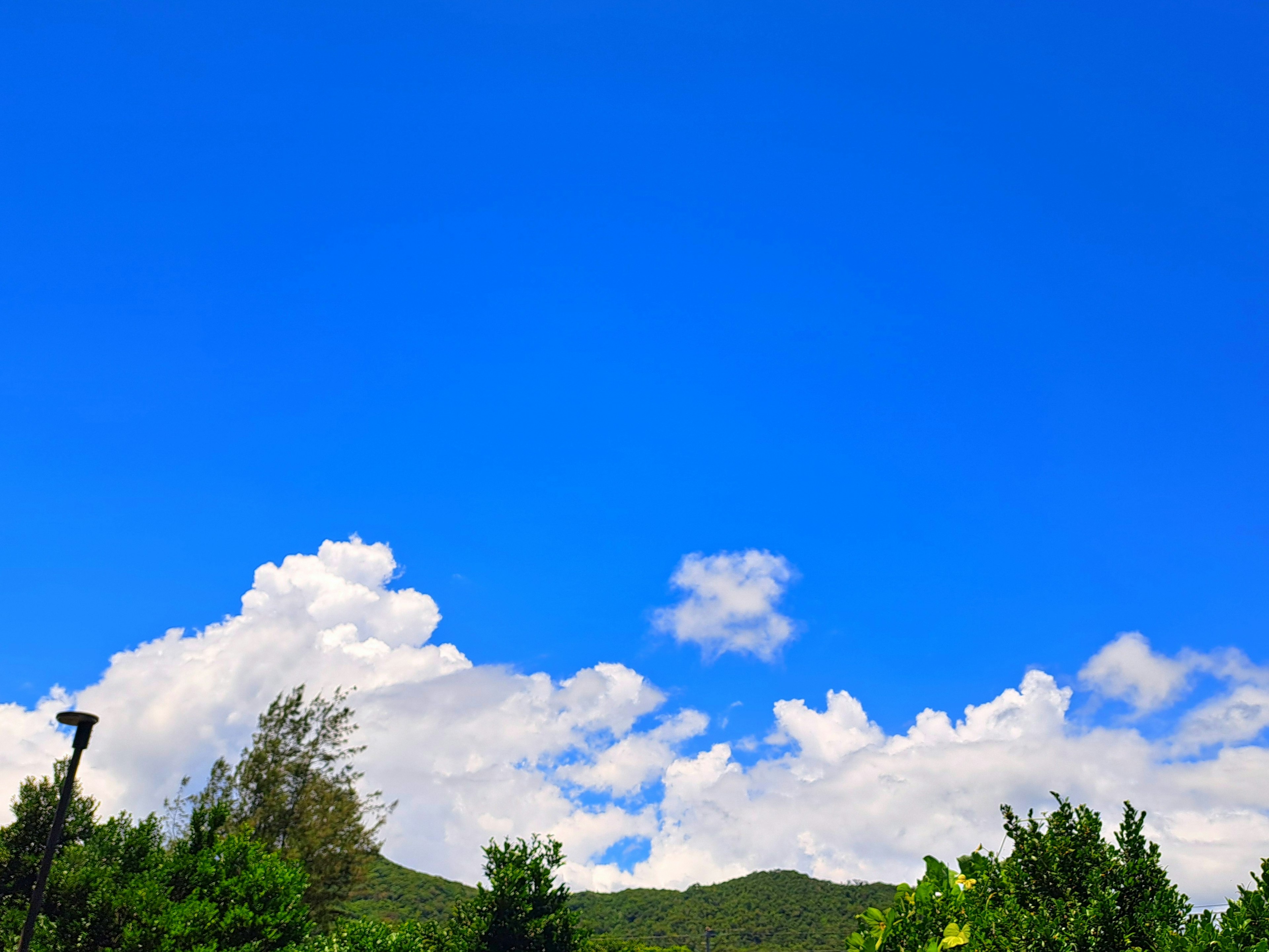 Langit biru cerah dengan awan putih pohon hijau subur dan gunung di kejauhan