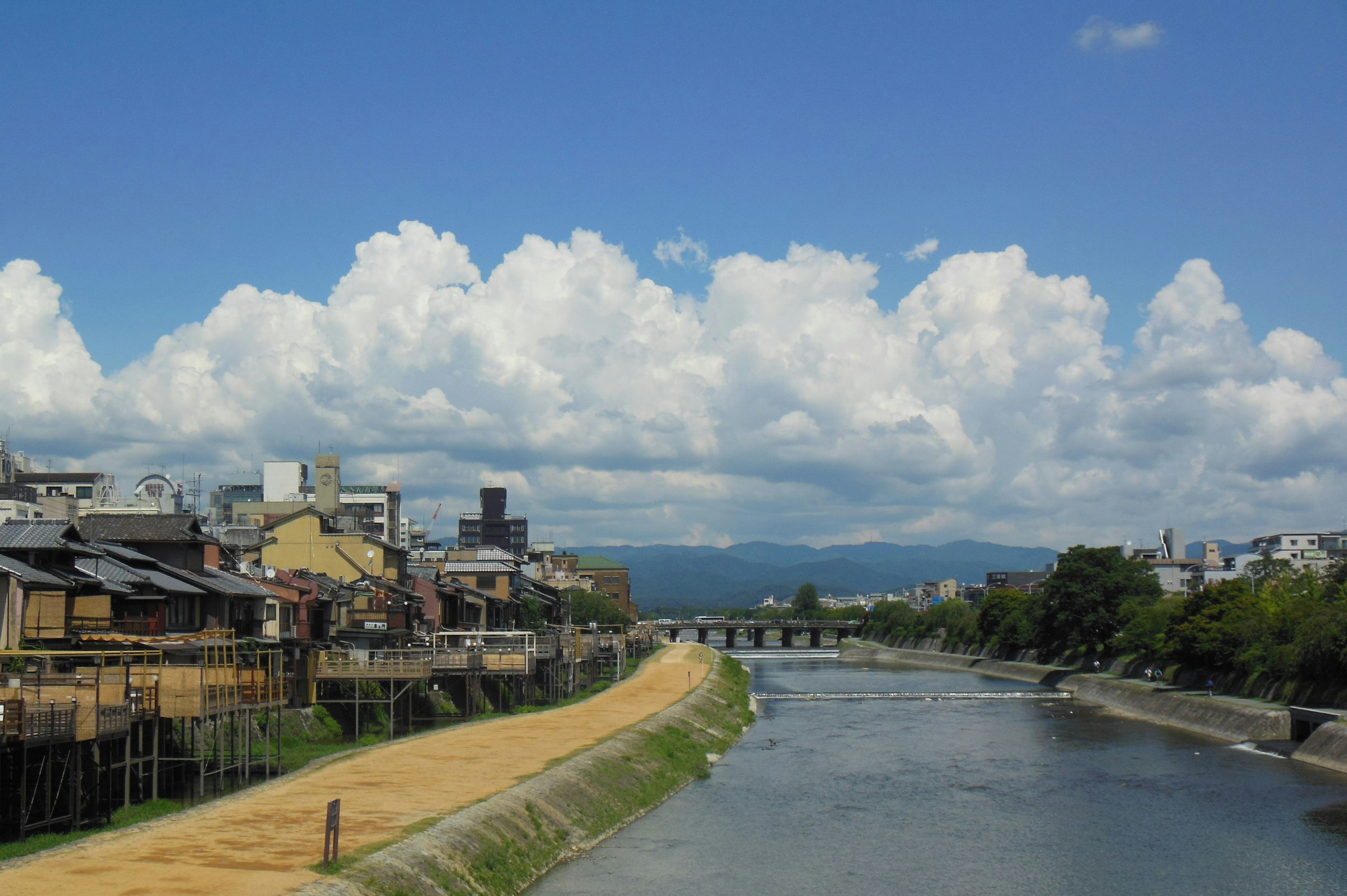 Paesaggio urbano lungo un fiume sotto un cielo blu