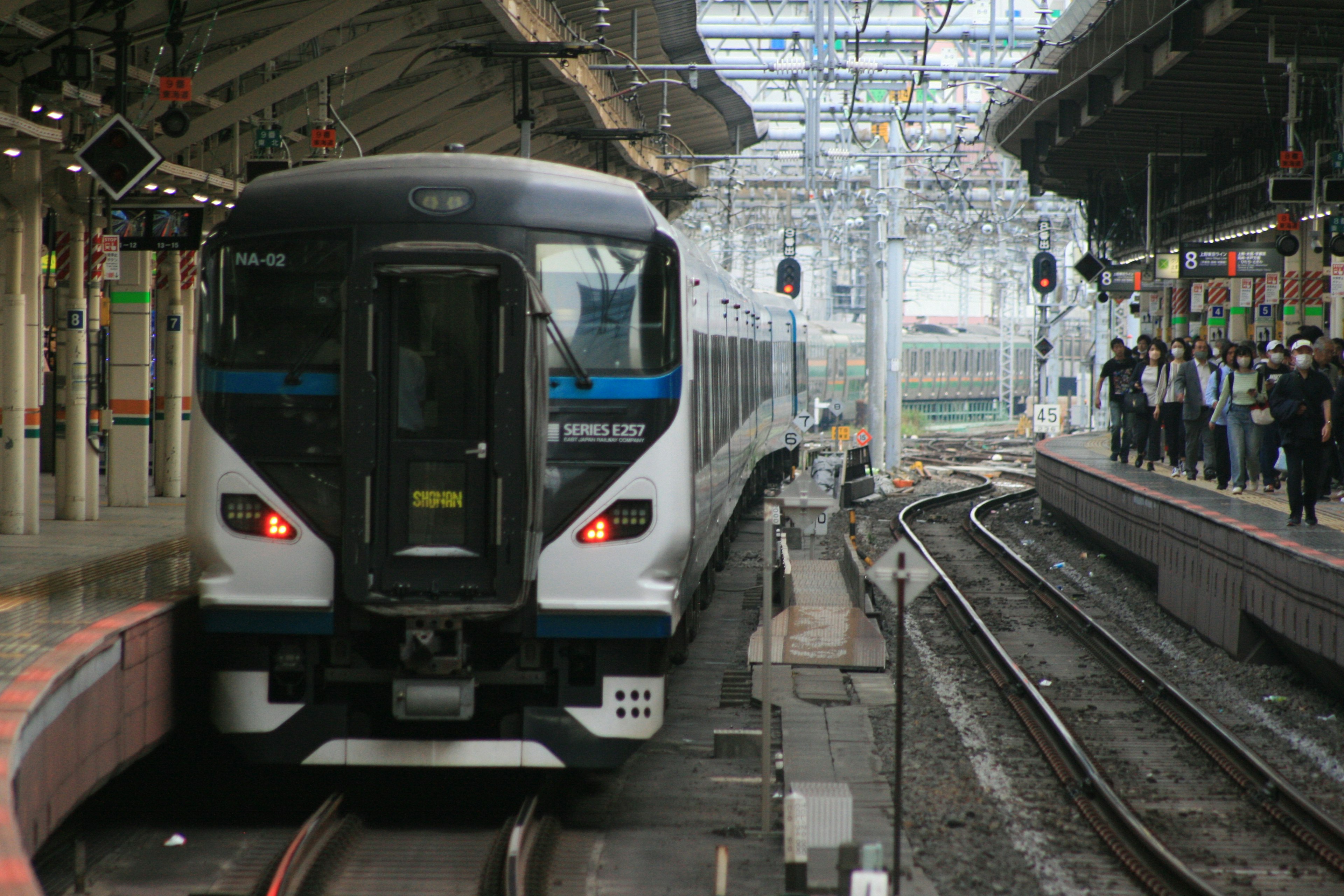 รถไฟสีขาวกำลังเข้าใกล้ชานชาลาที่สถานีที่พลุกพล่าน