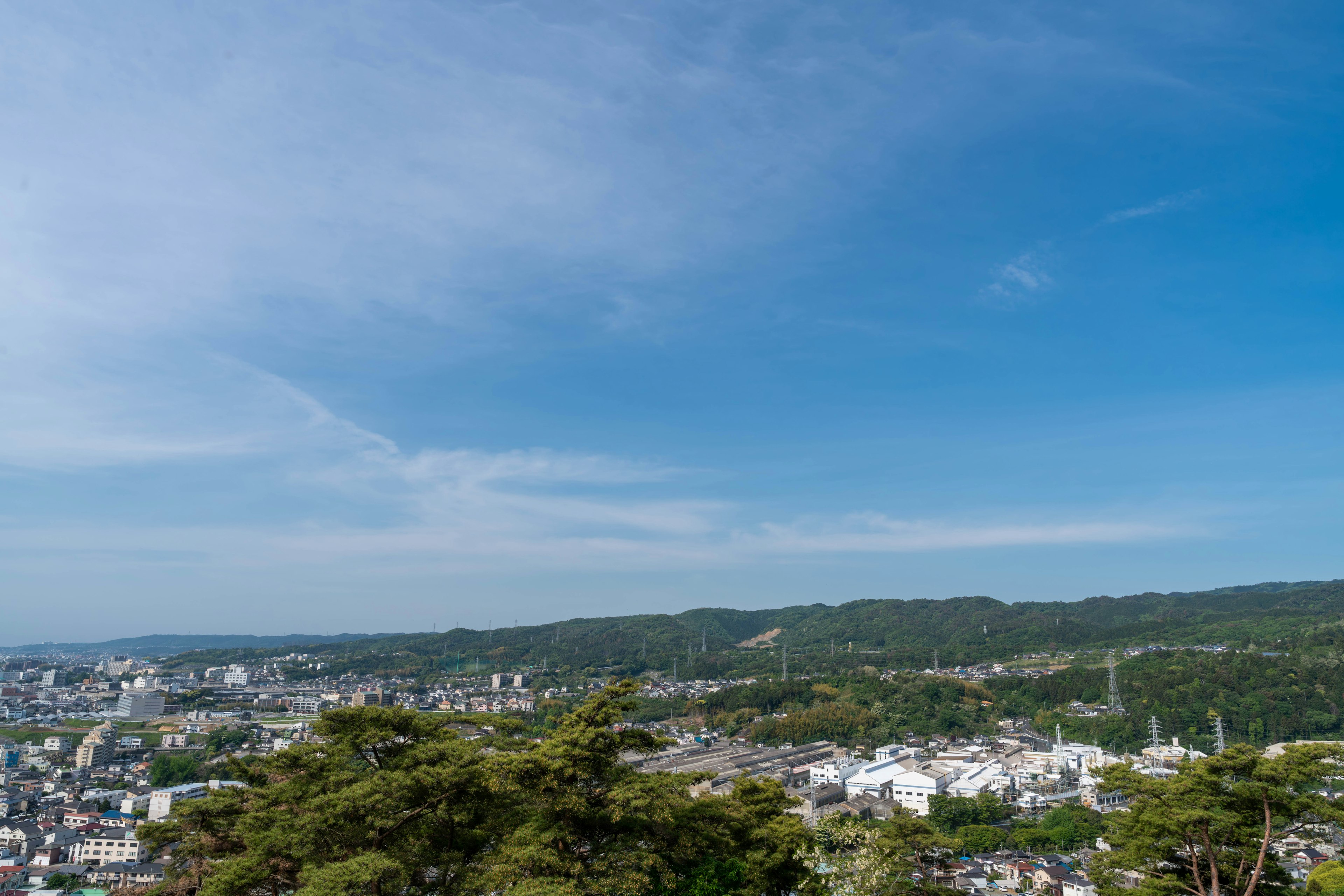 Vista panoramica di un paesaggio con cielo blu e colline verdi