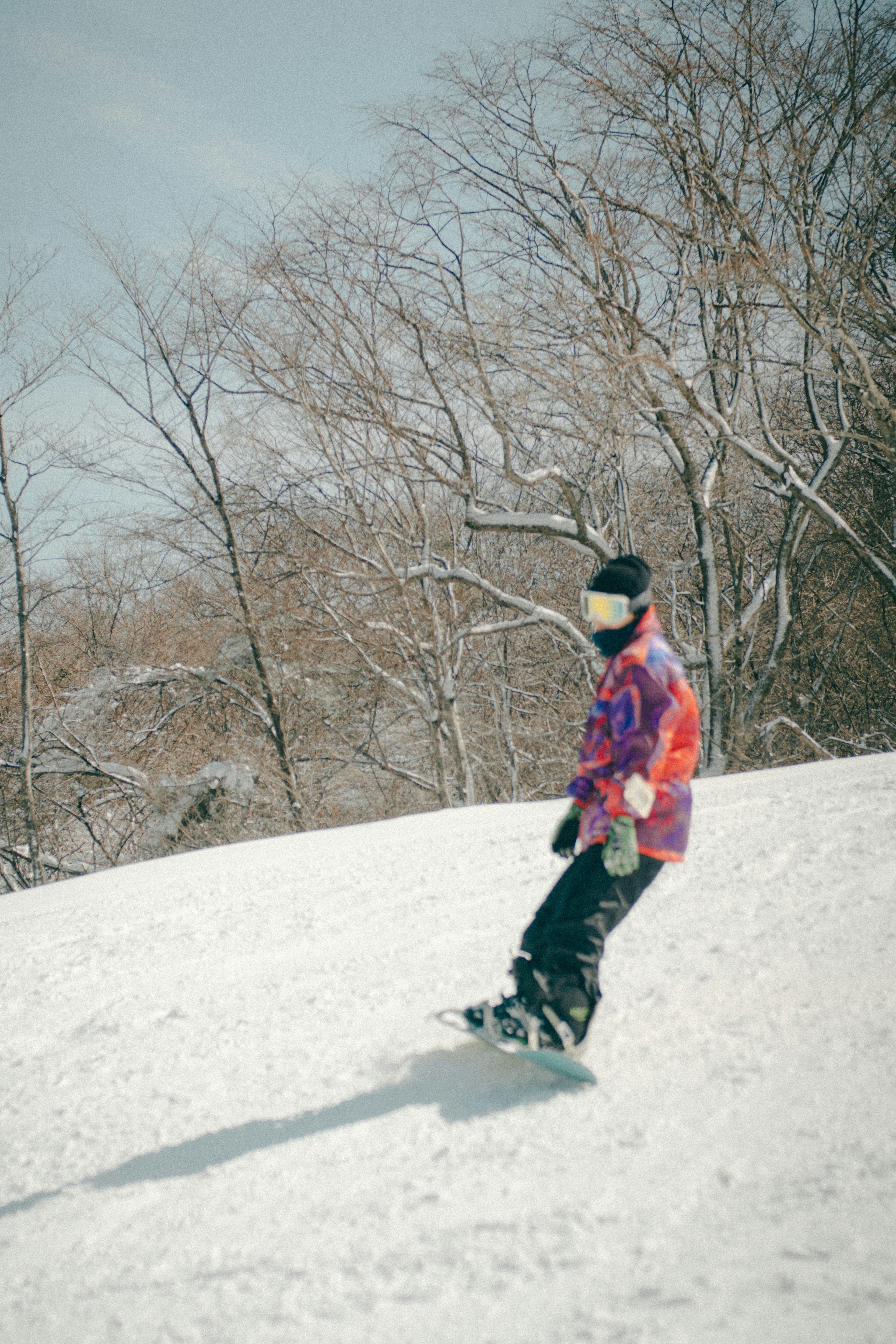 Persona che fa snowboard su una pista innevata indossando una giacca colorata