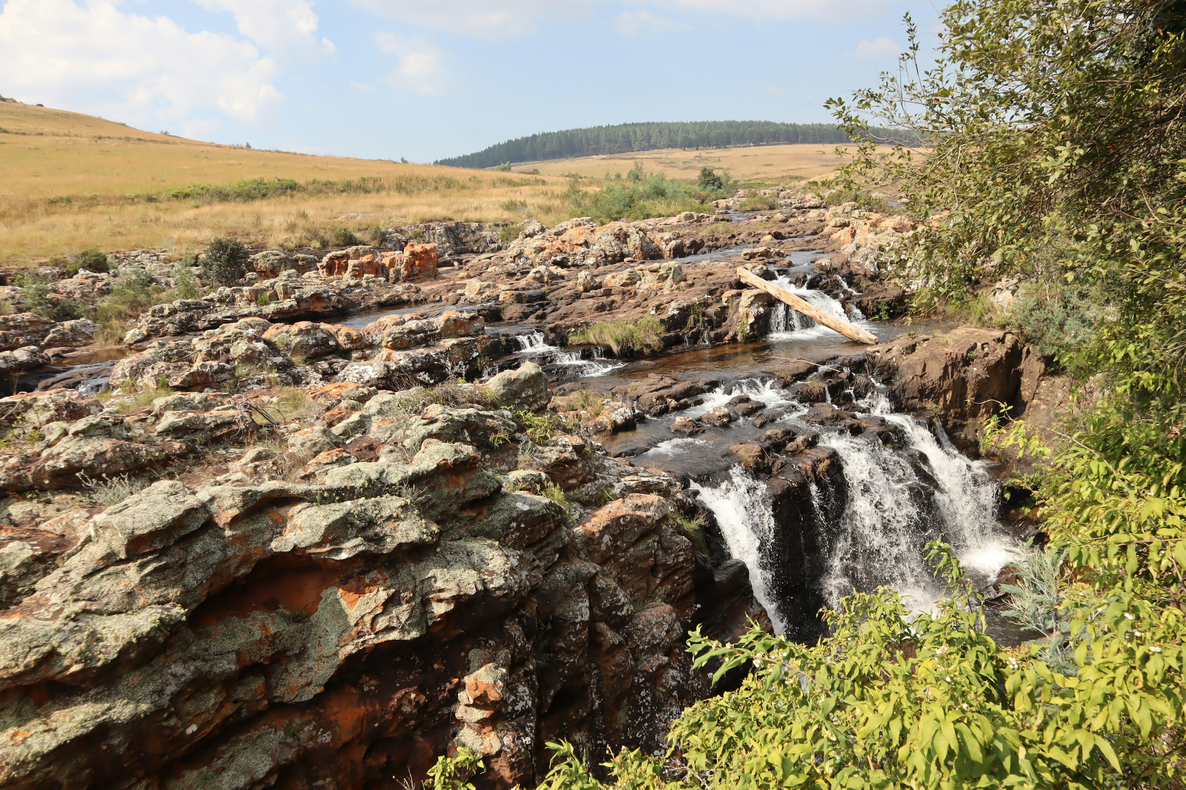 Petite cascade coulant sur des rochers avec des prairies environnantes