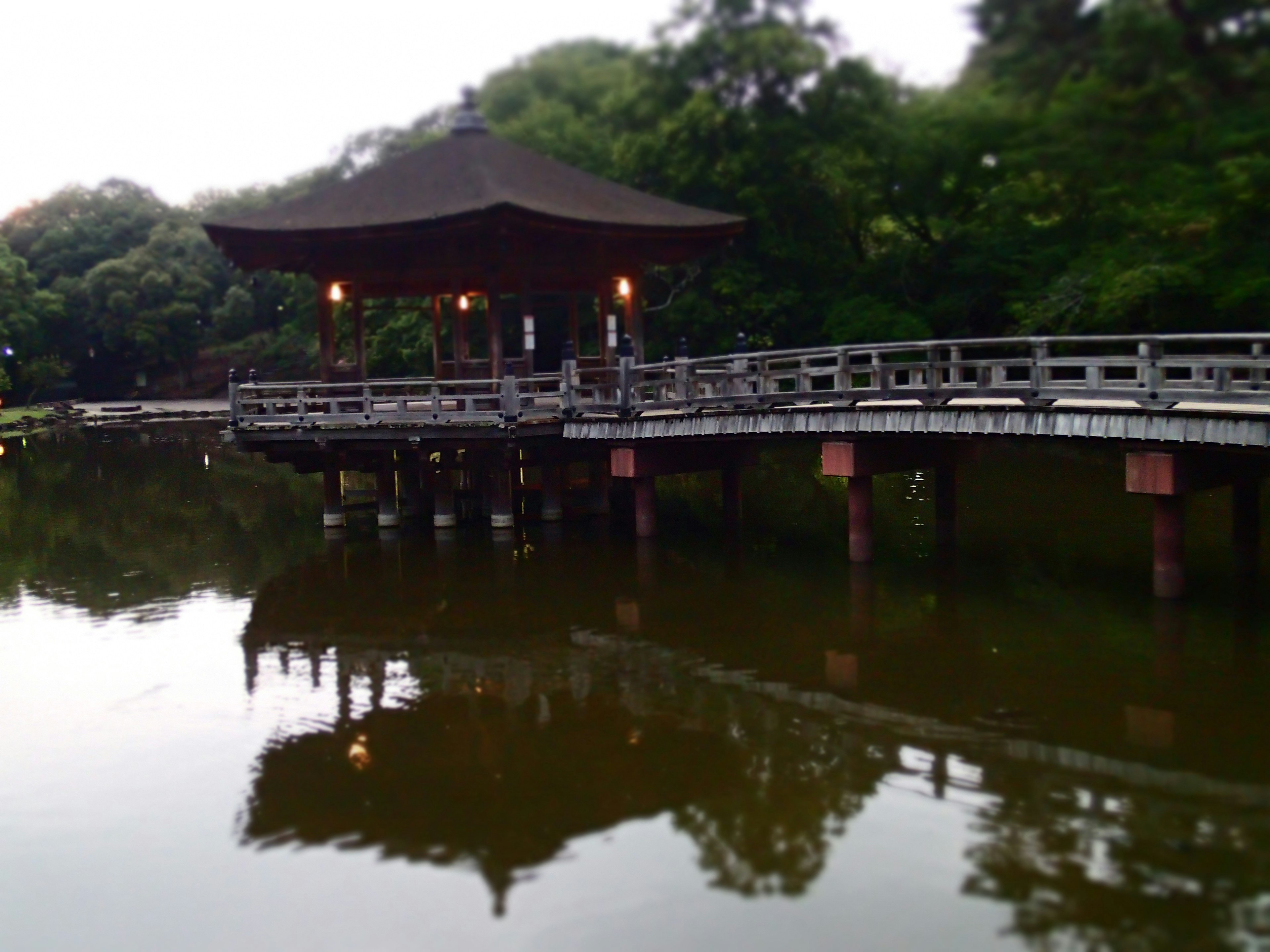 静かな池に浮かぶ伝統的な日本の建築物と橋