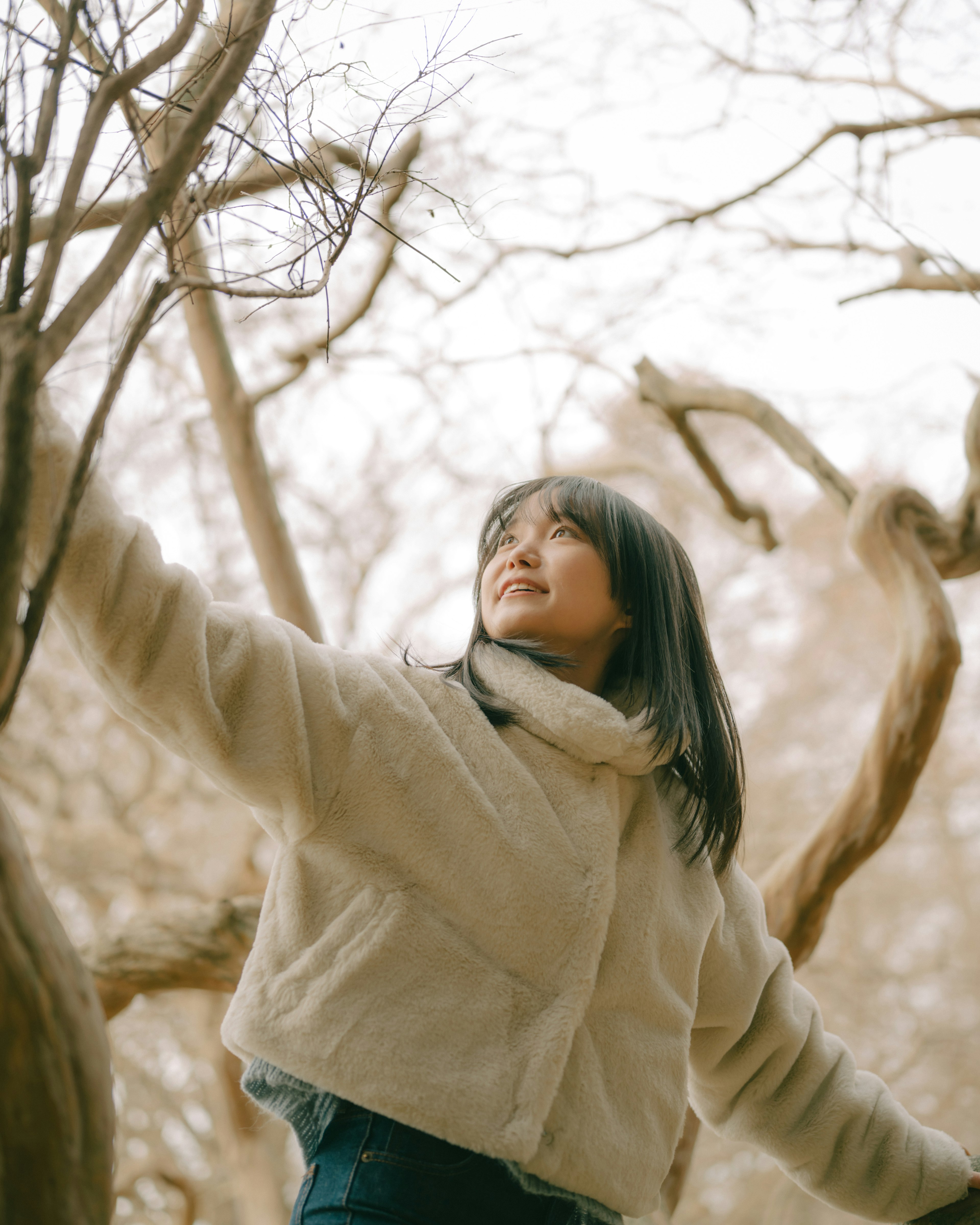 木の枝に触れる女性の写真 彼女は自然の中で楽しんでいる