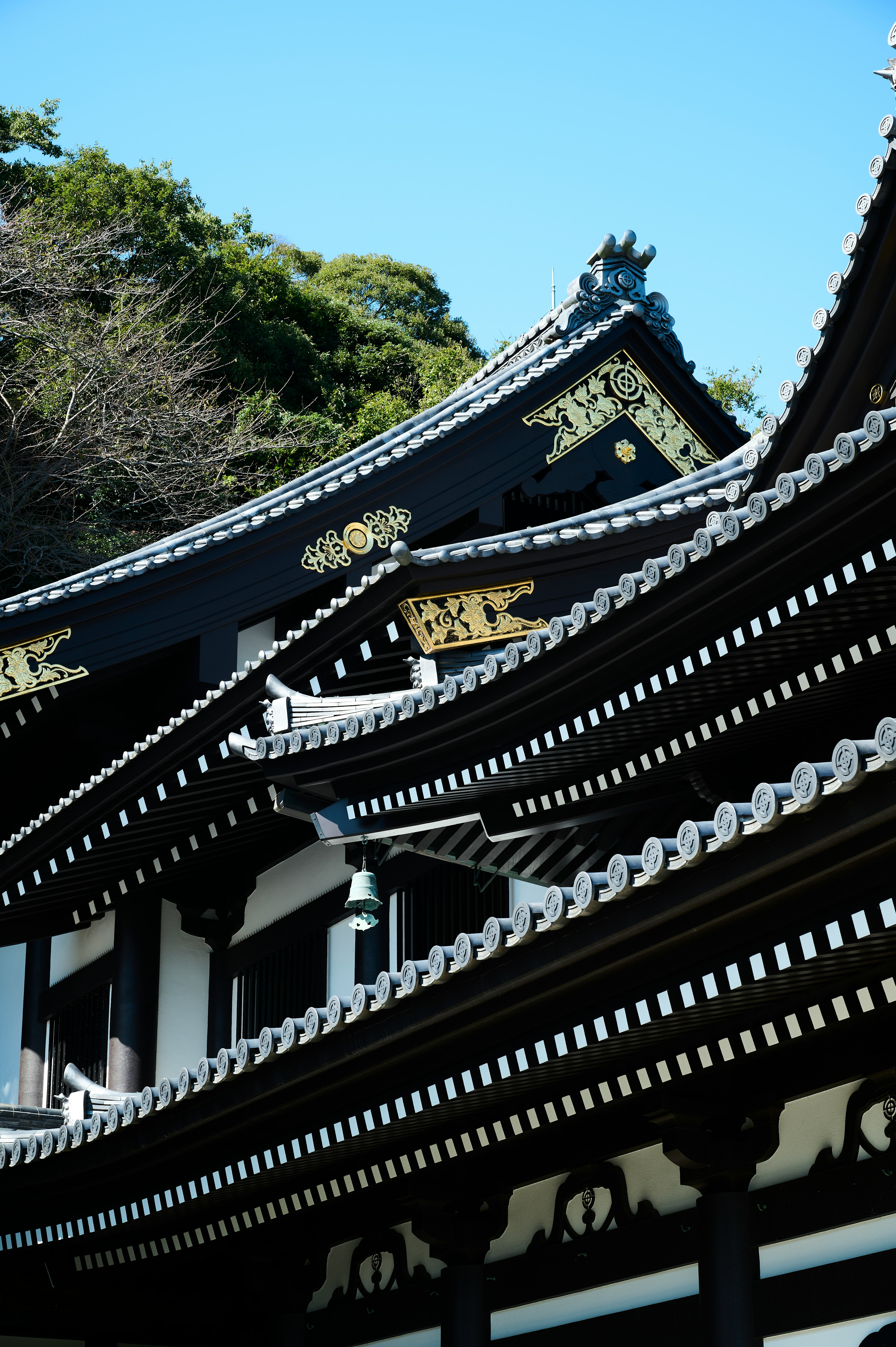 Ein Abschnitt eines traditionellen japanischen Gebäudes mit schwarzen Dächern und goldenen Verzierungen