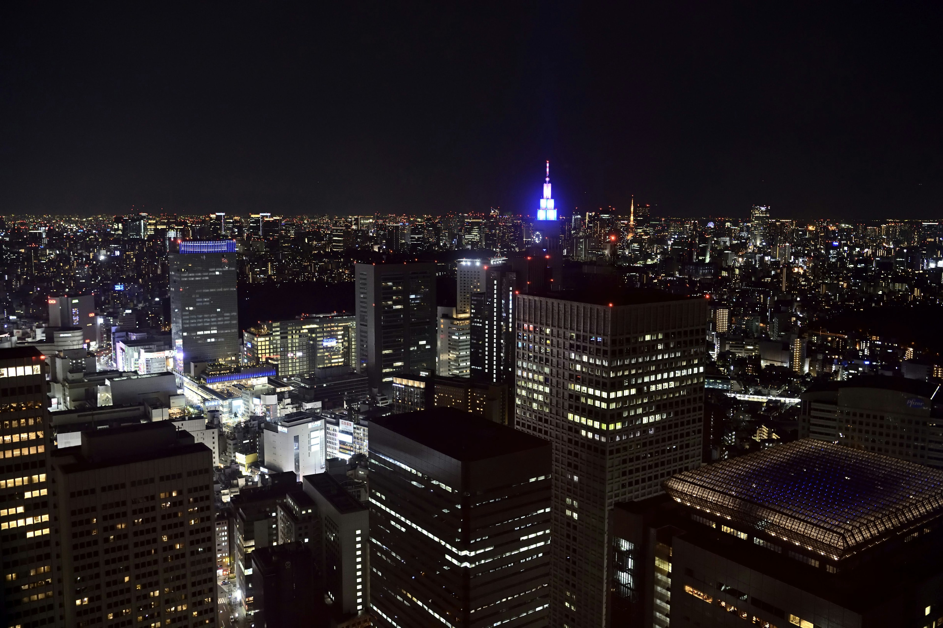 Tokyo skyline at night featuring skyscrapers and the blue Tokyo Tower