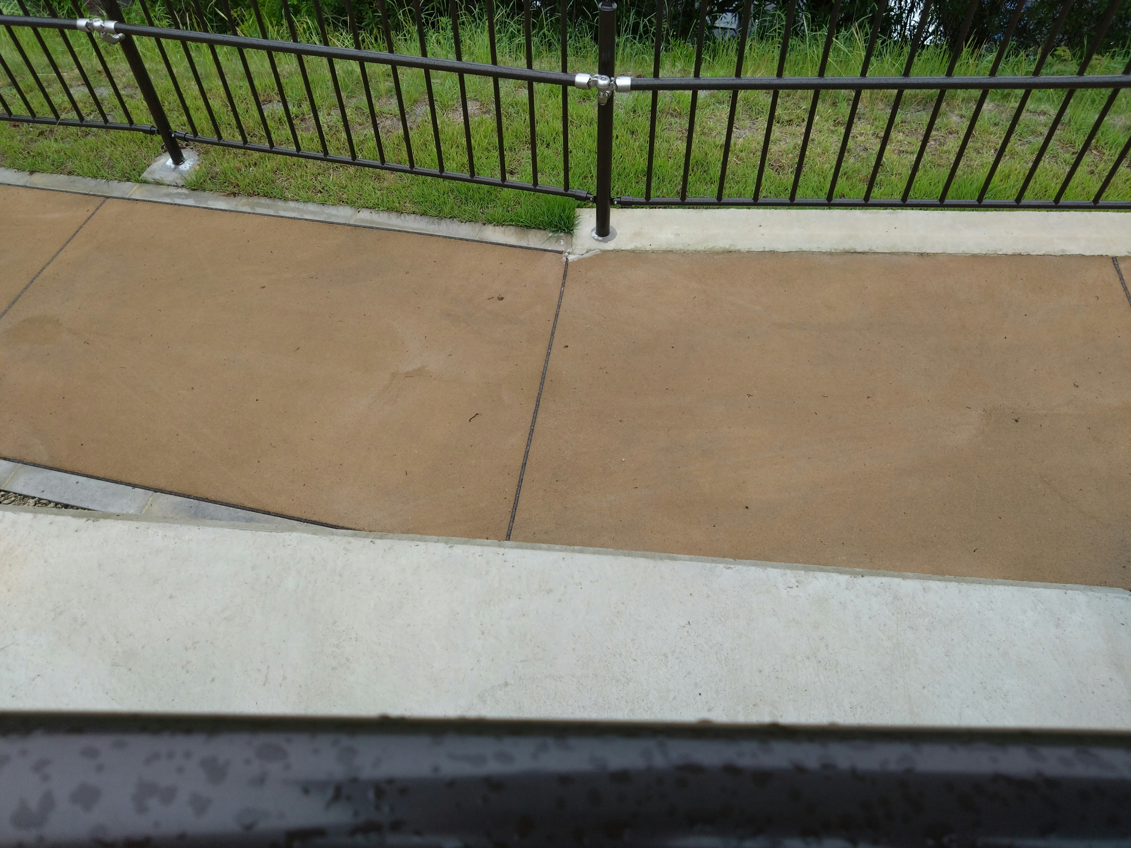 New concrete sidewalk with green grass in the background