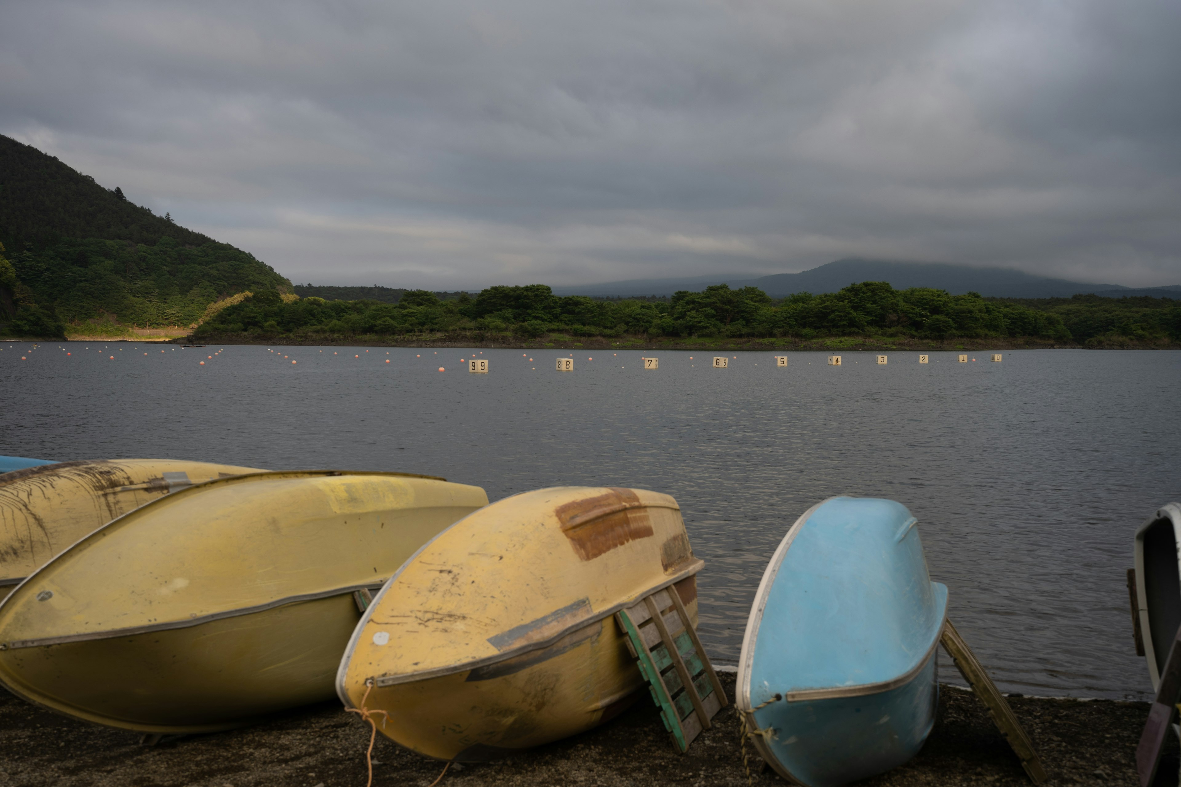 Boats in yellow and blue resting by a calm lakeshore