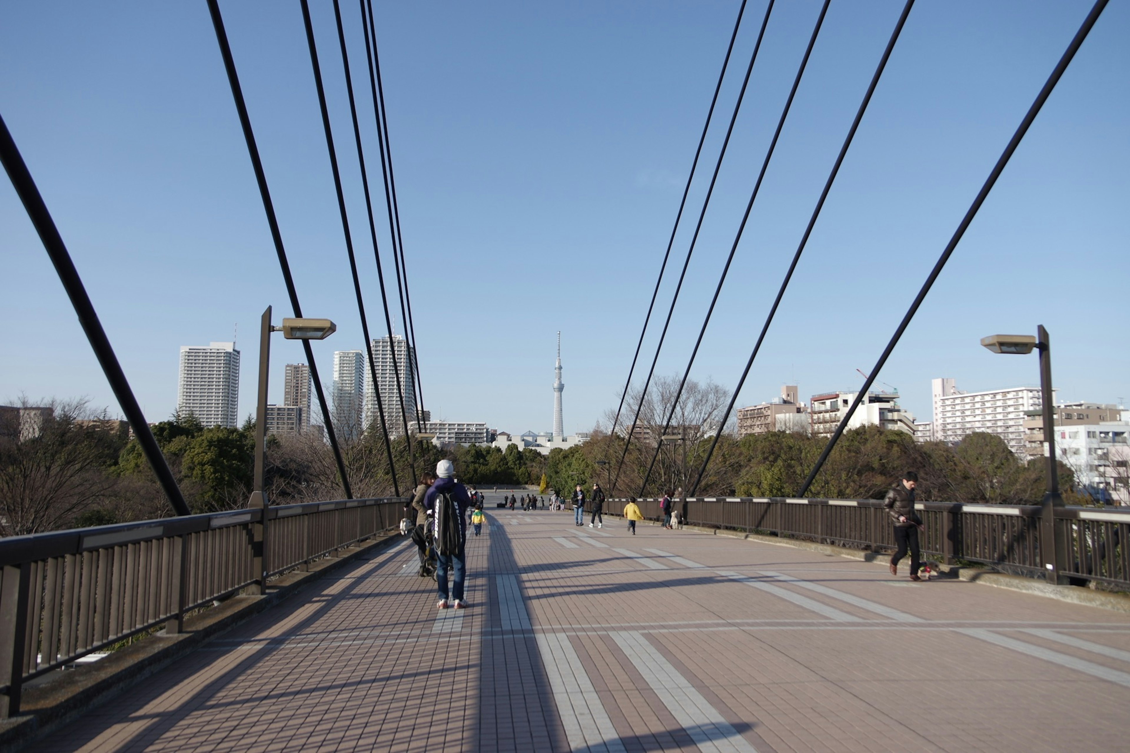 Vista di ciclisti e pedoni su un ponte sospeso con cielo blu e sfondo urbano