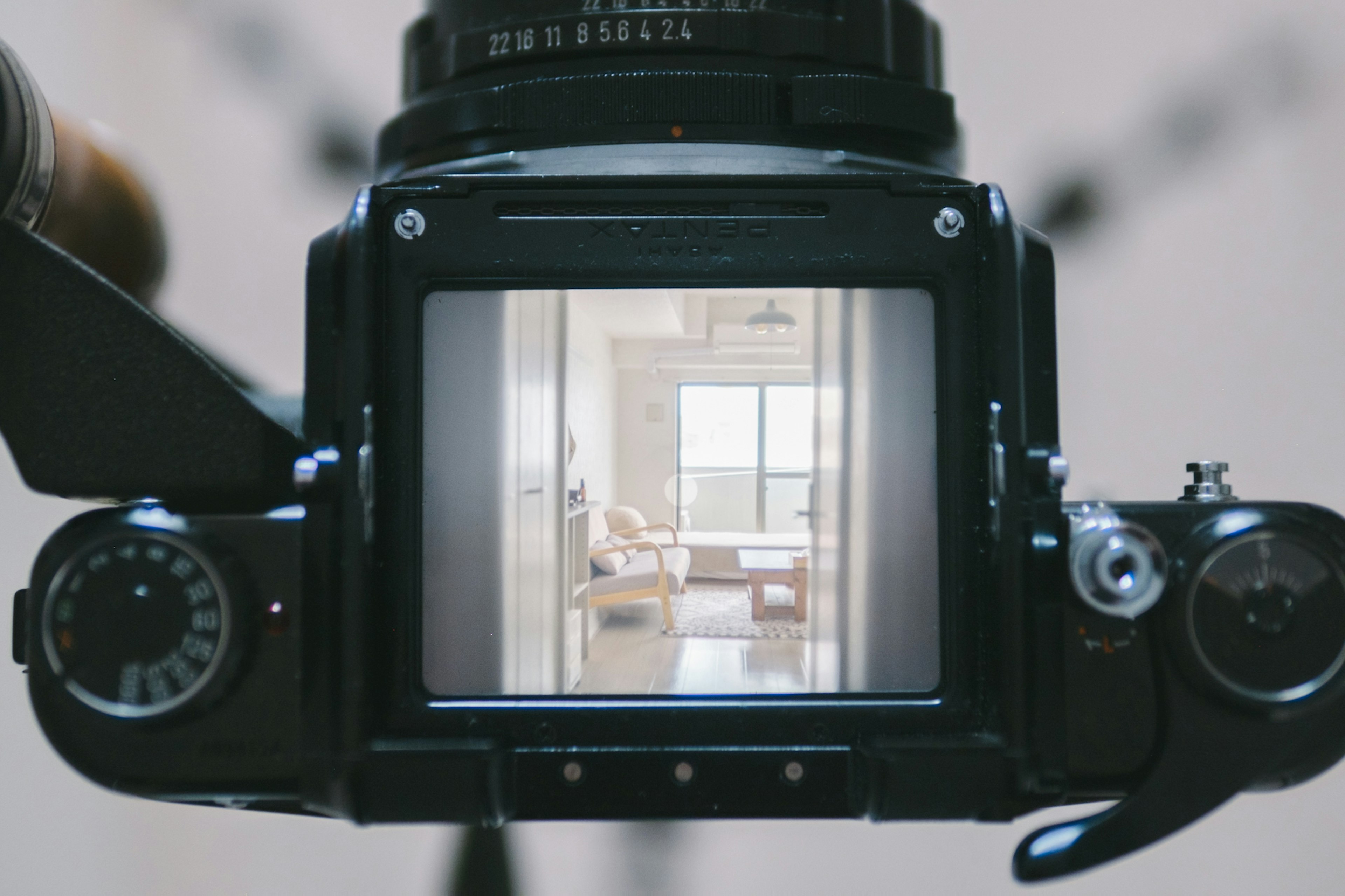 View of a bright room through a camera viewfinder