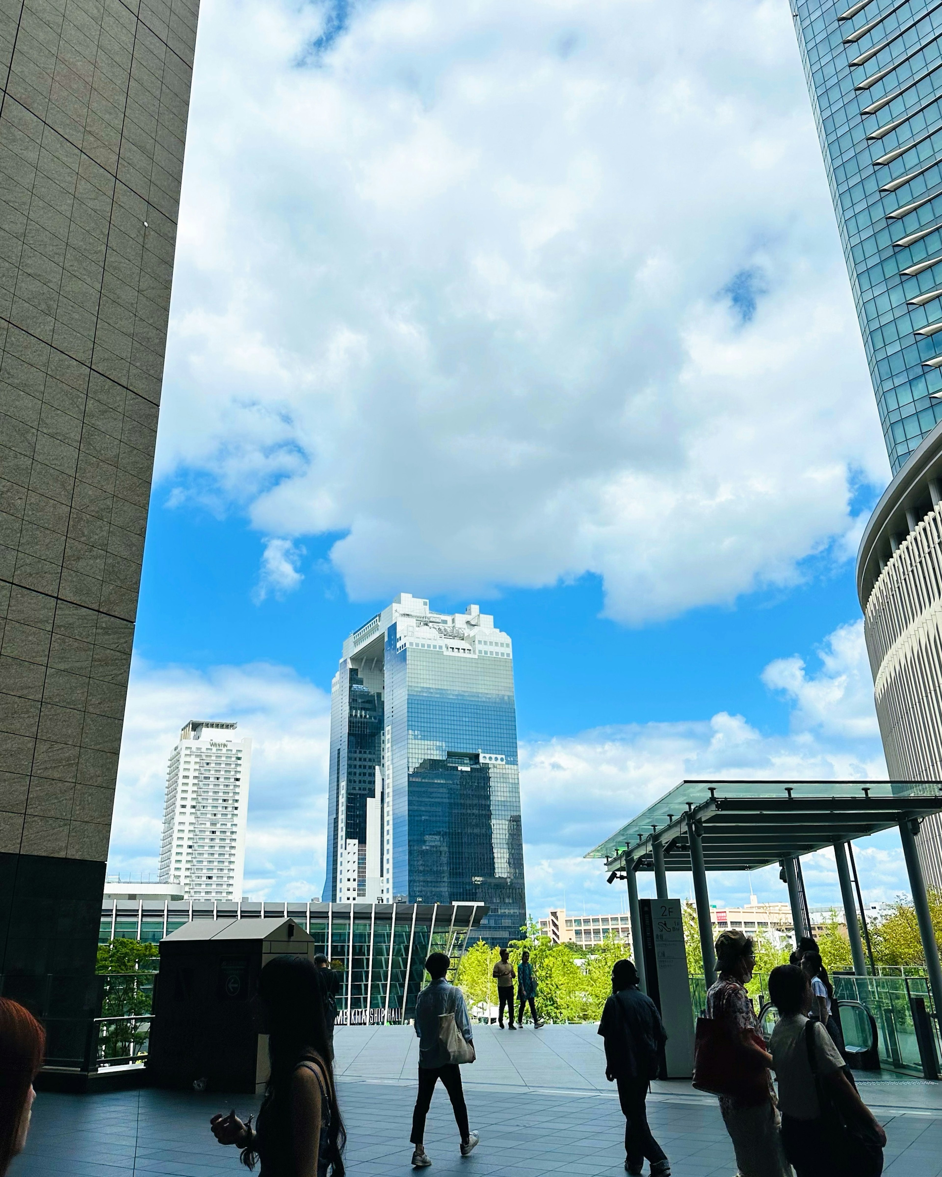 Paisaje urbano con rascacielos bajo un cielo azul y personas caminando