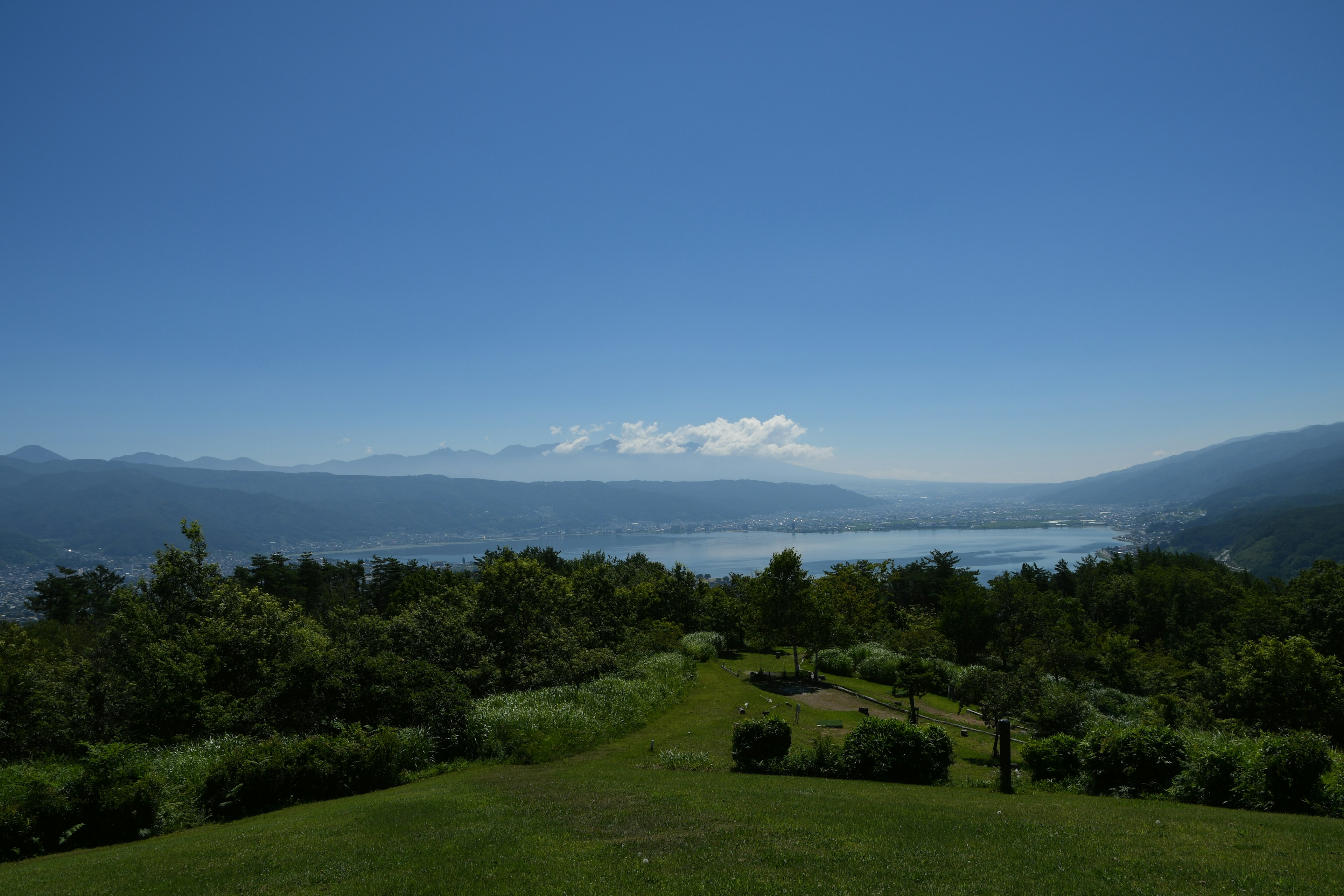 Malerscher Blick auf eine üppige Landschaft mit einem See und Bergen im Hintergrund