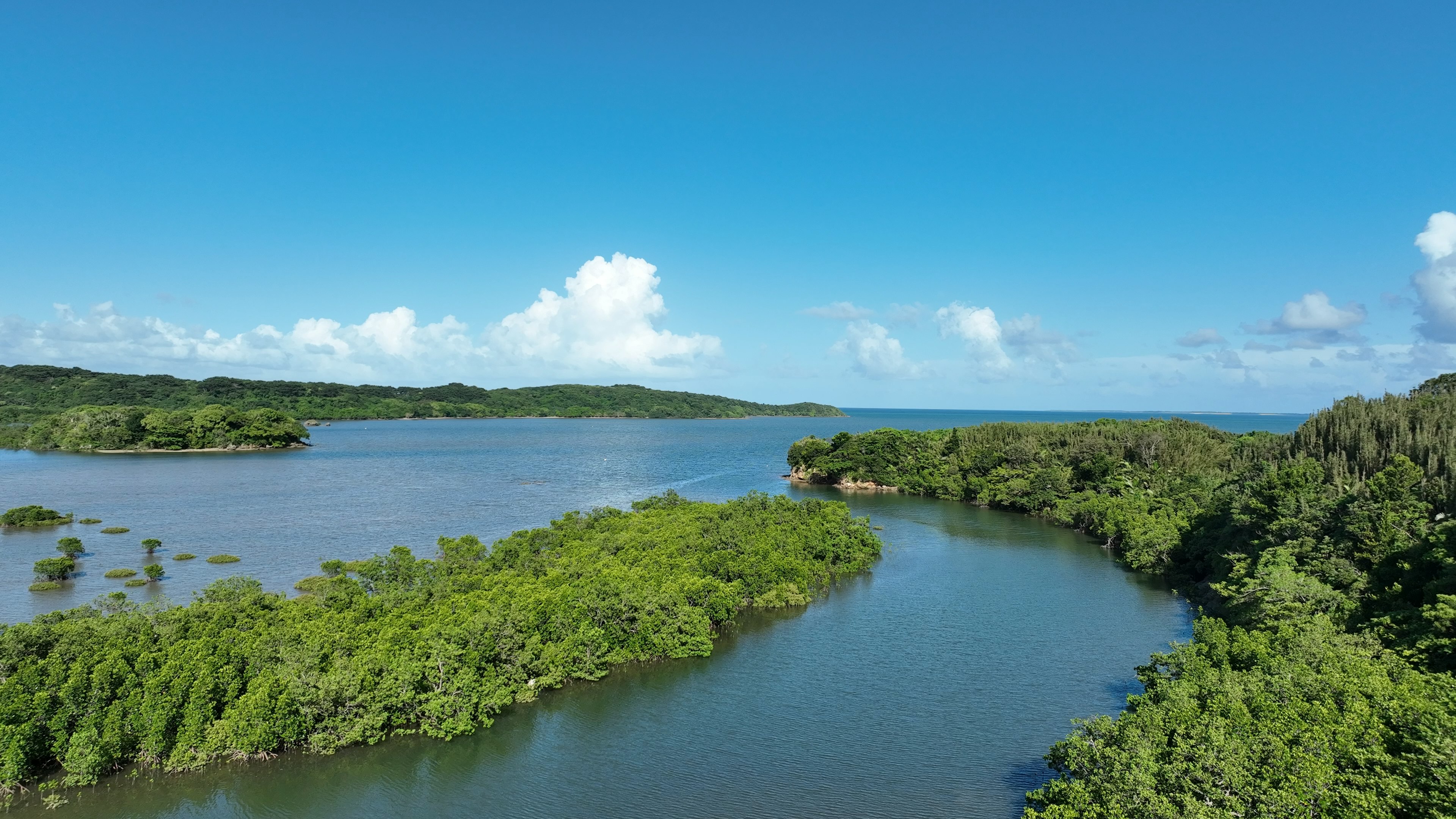 A scenic river landscape surrounded by lush greenery and blue skies