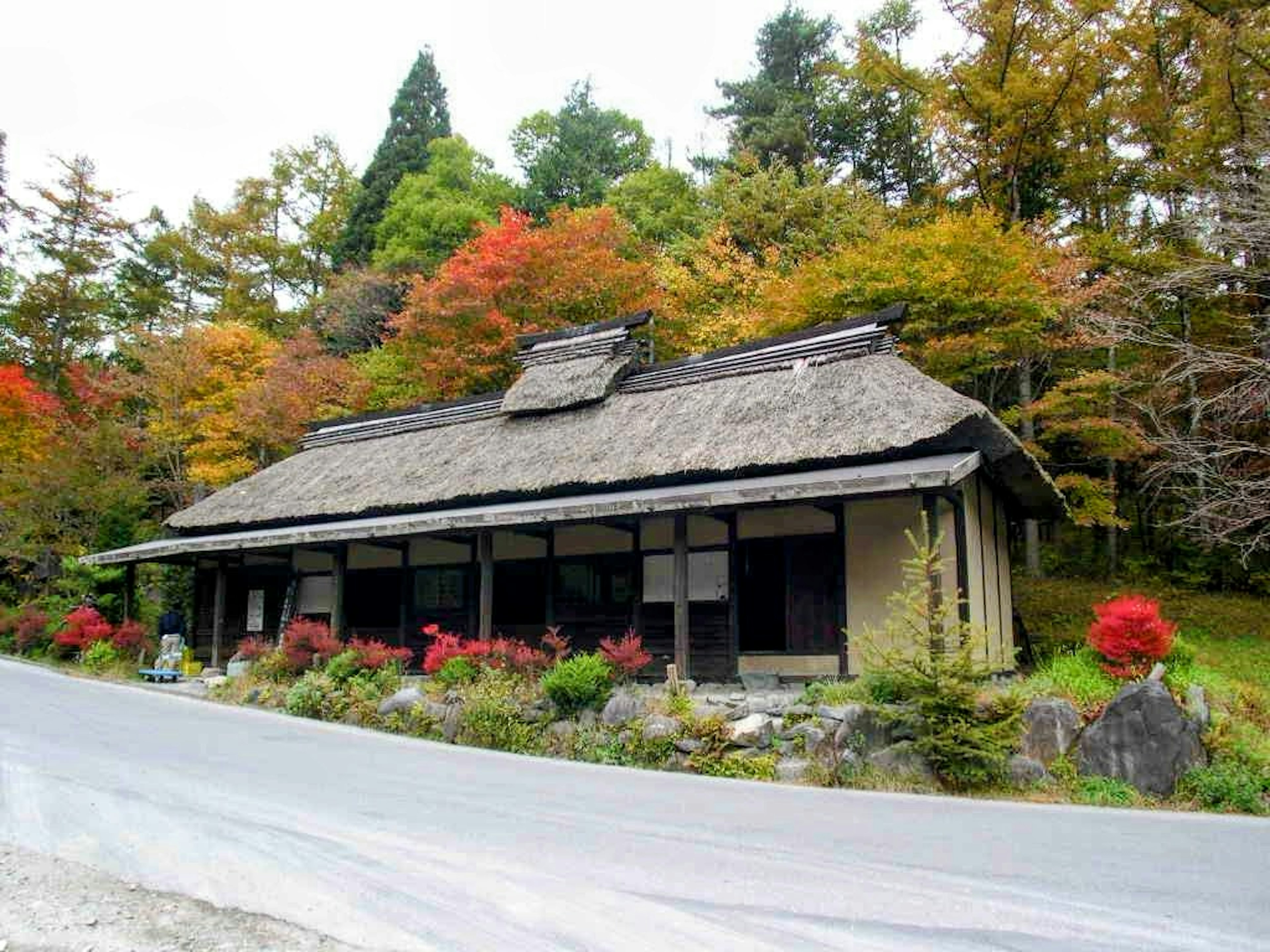 Traditionelles japanisches Haus umgeben von schönem Herbstlaub