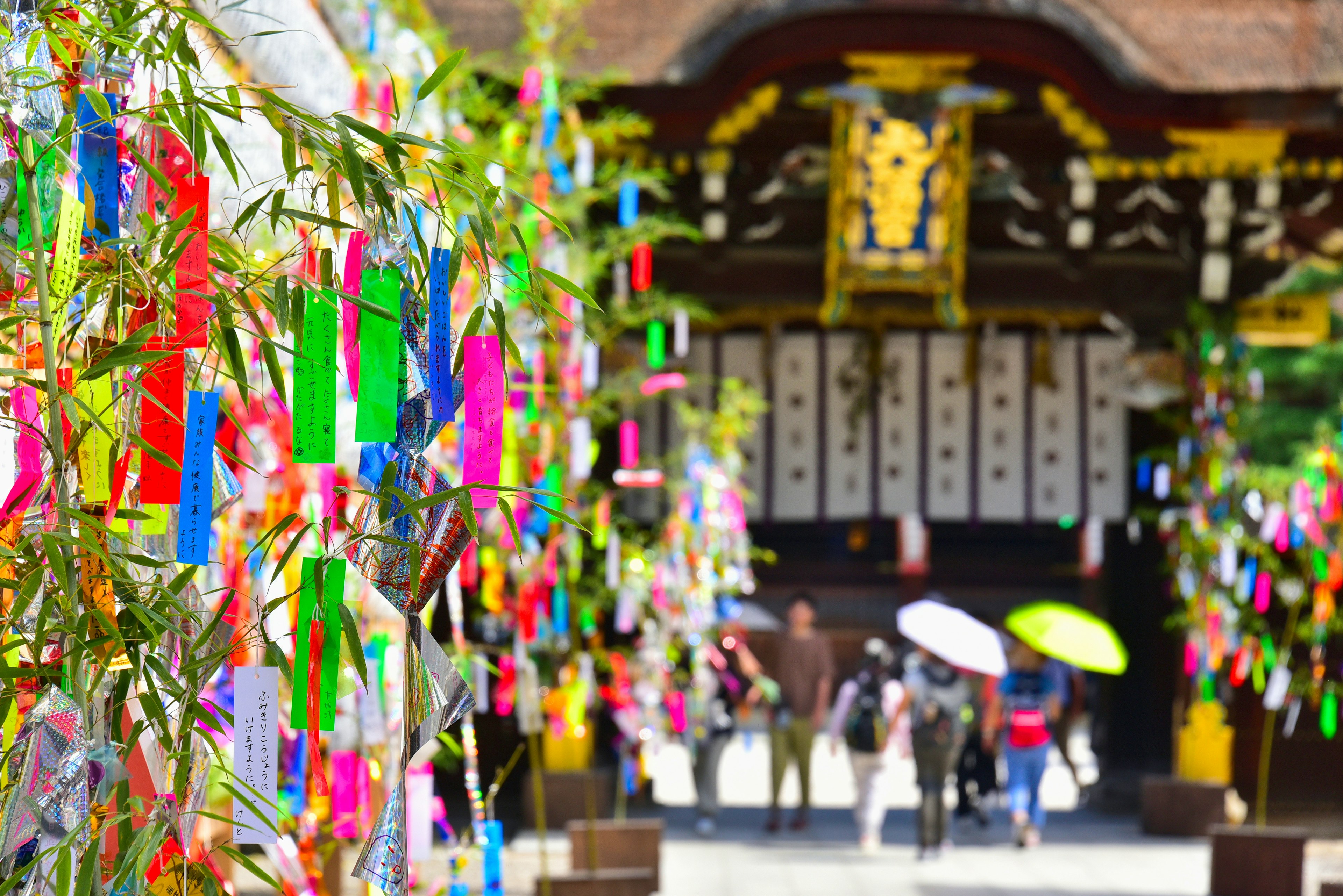 五彩紙條掛在竹子上，前面是一座傳統神社