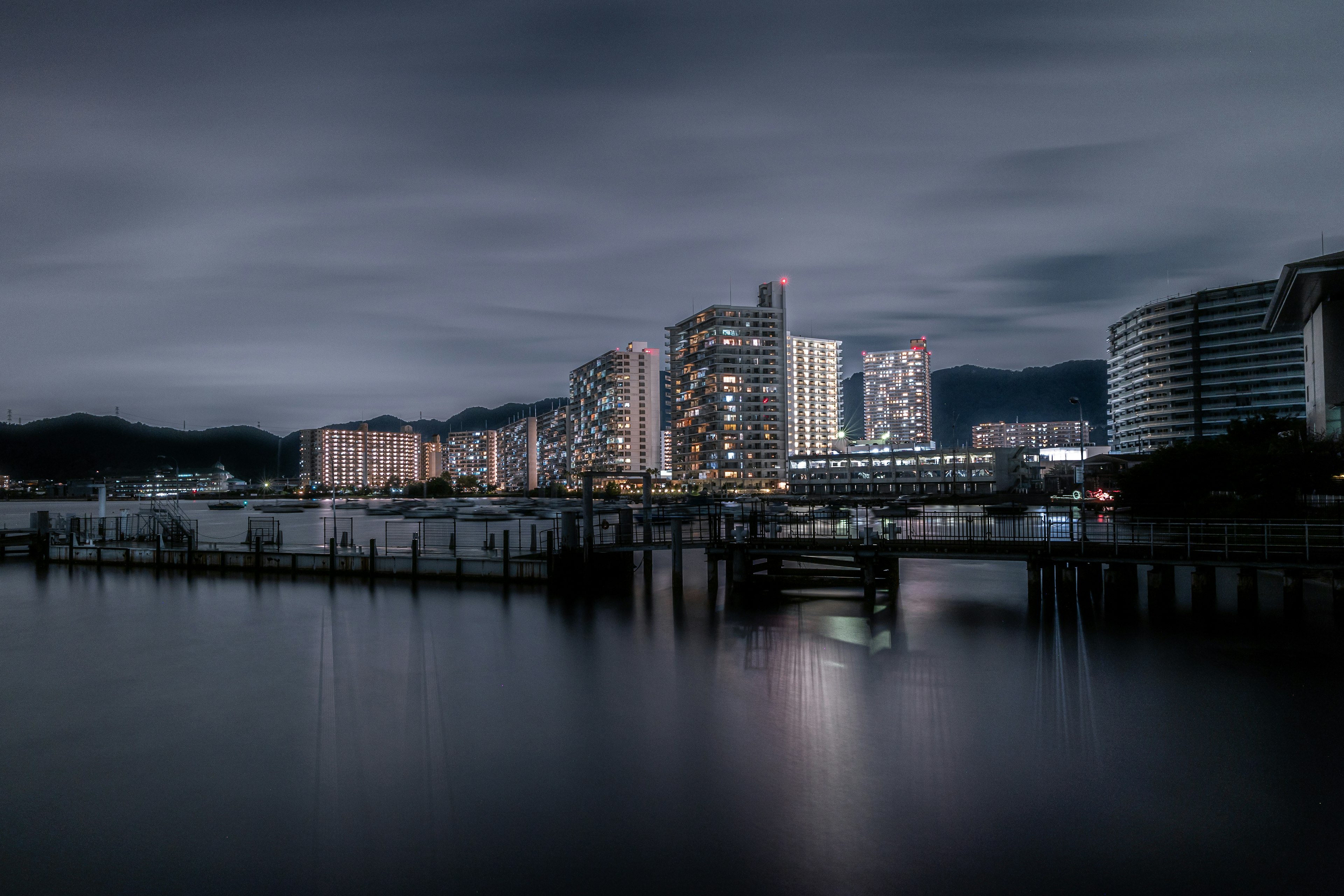 夜景の海岸と高層ビル群の写真