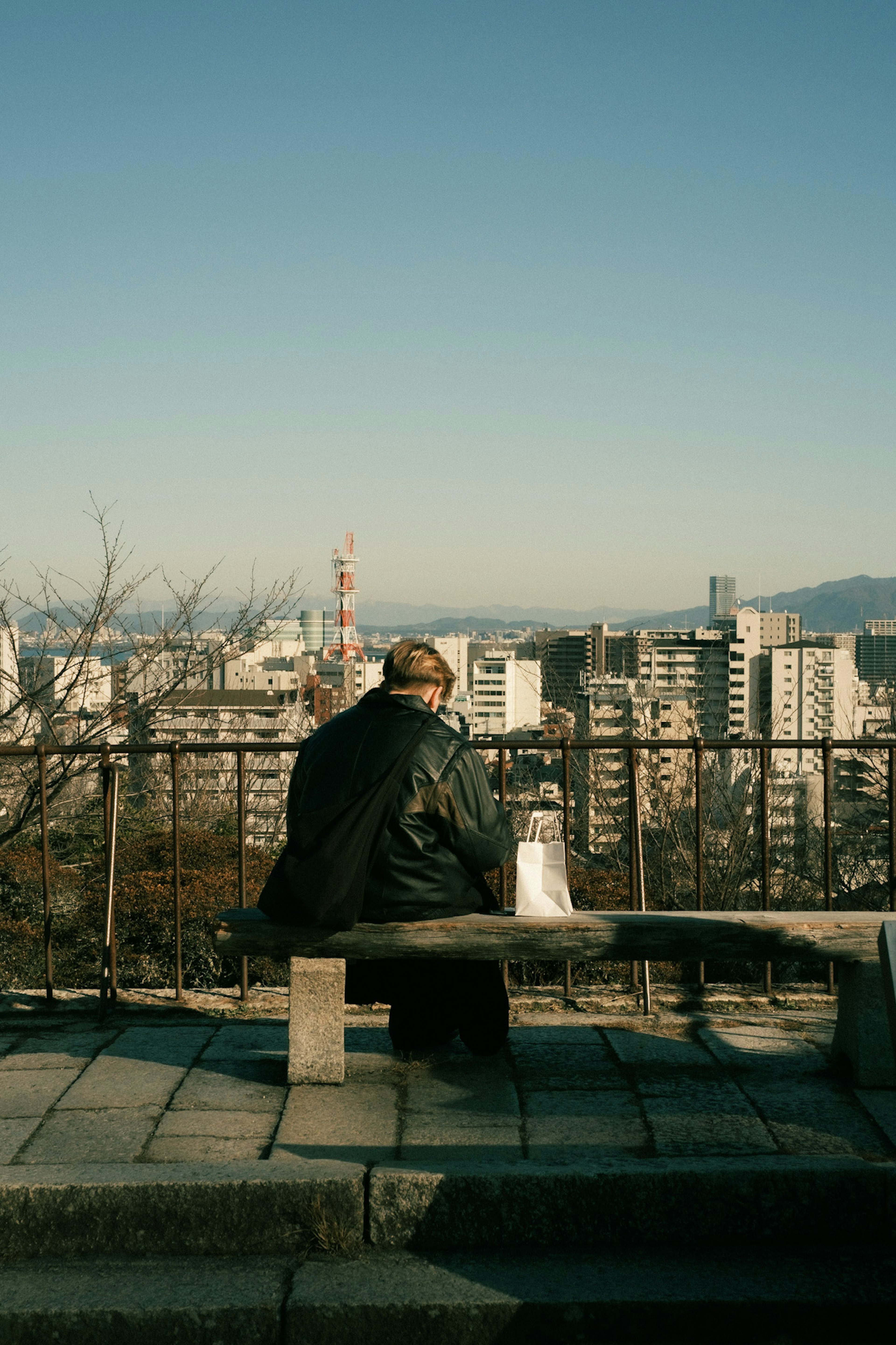 高い場所に座っている人が都市の景色を眺めている