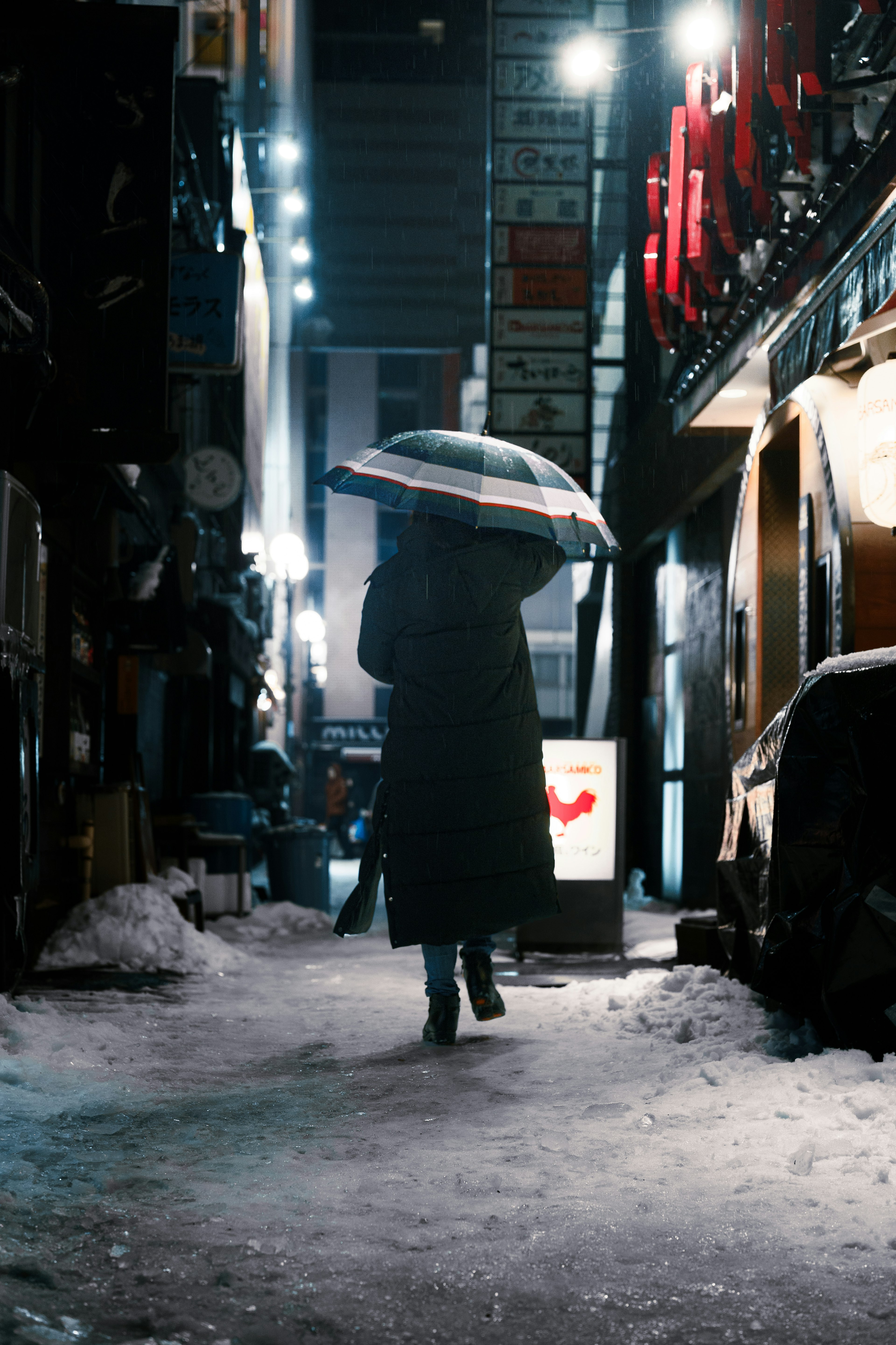 雪の中を傘をさして歩く人物の後ろ姿  薄暗い路地に明かりが点在している