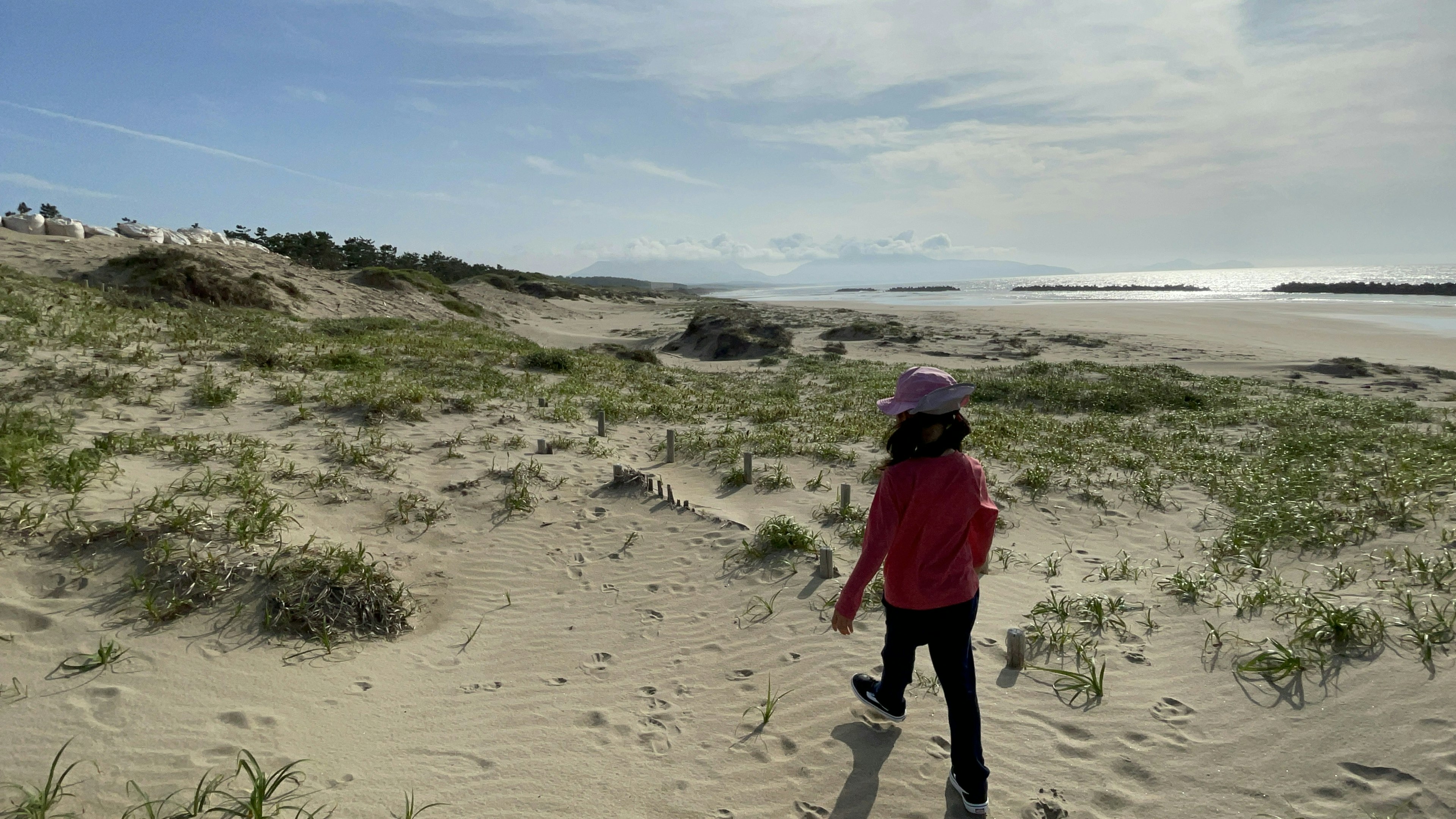 Niño caminando en una playa de arena con dunas y océano de fondo