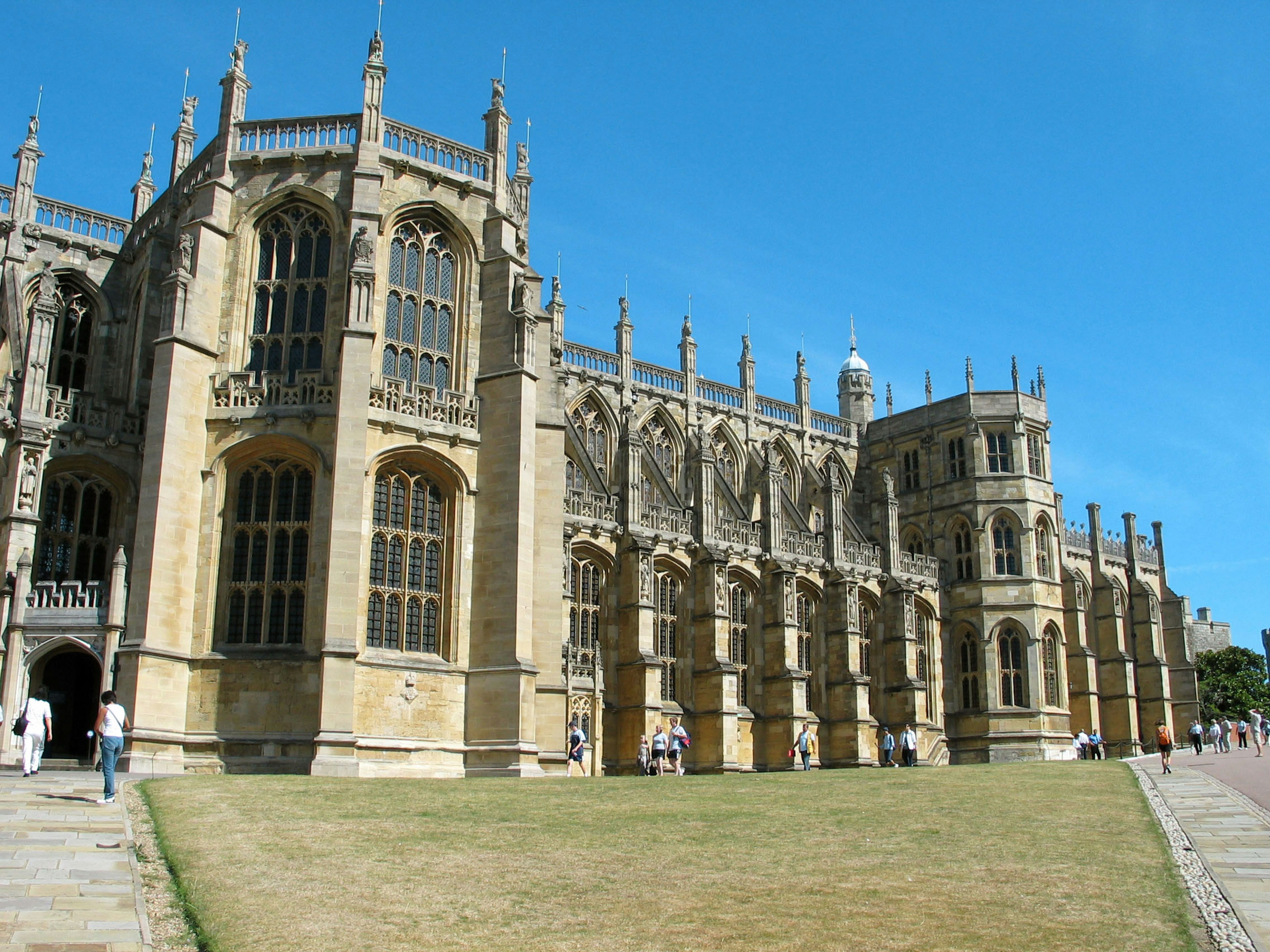 Exterior view of Windsor Castle with a clear blue sky