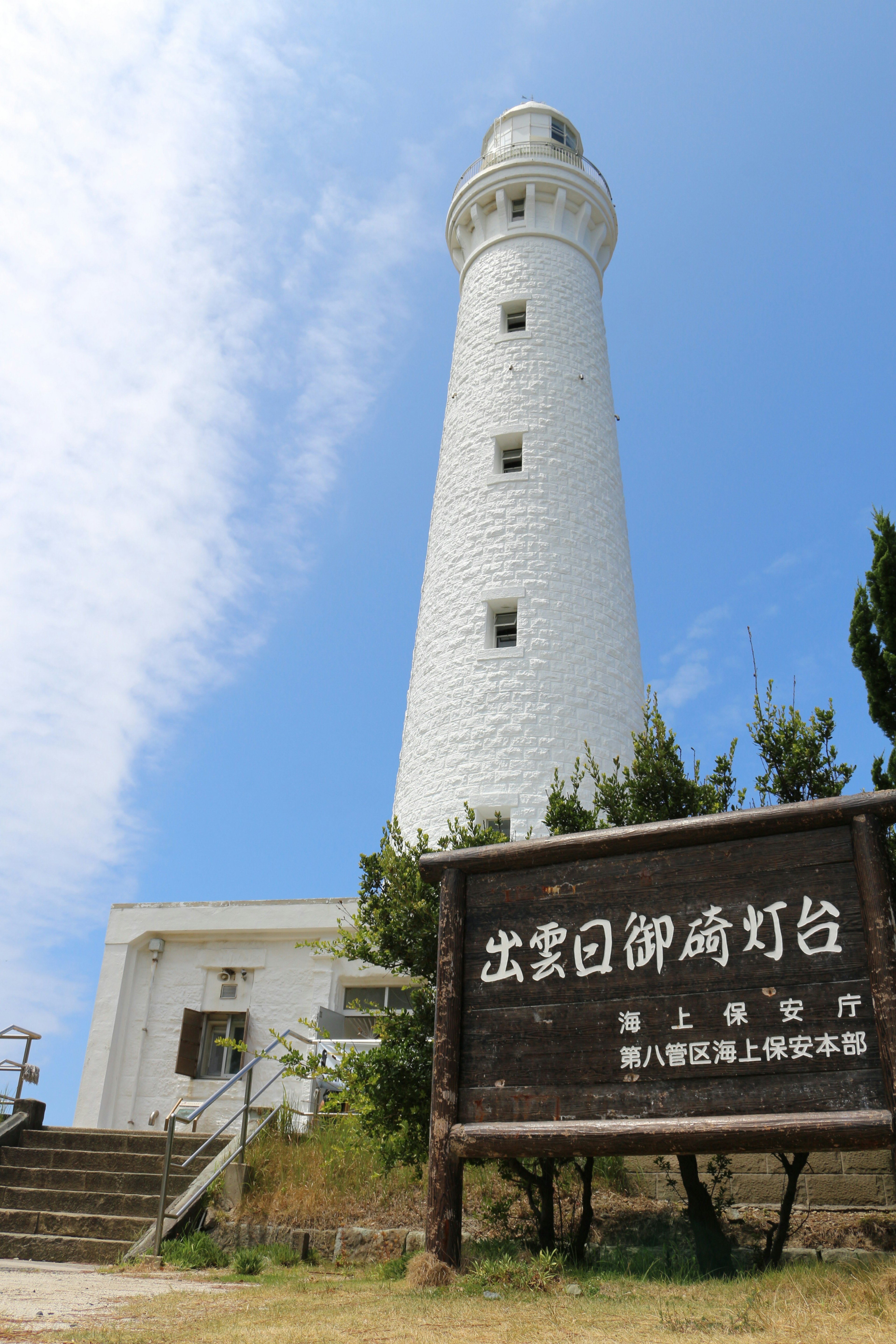 White lighthouse surrounded by green trees and blue sky