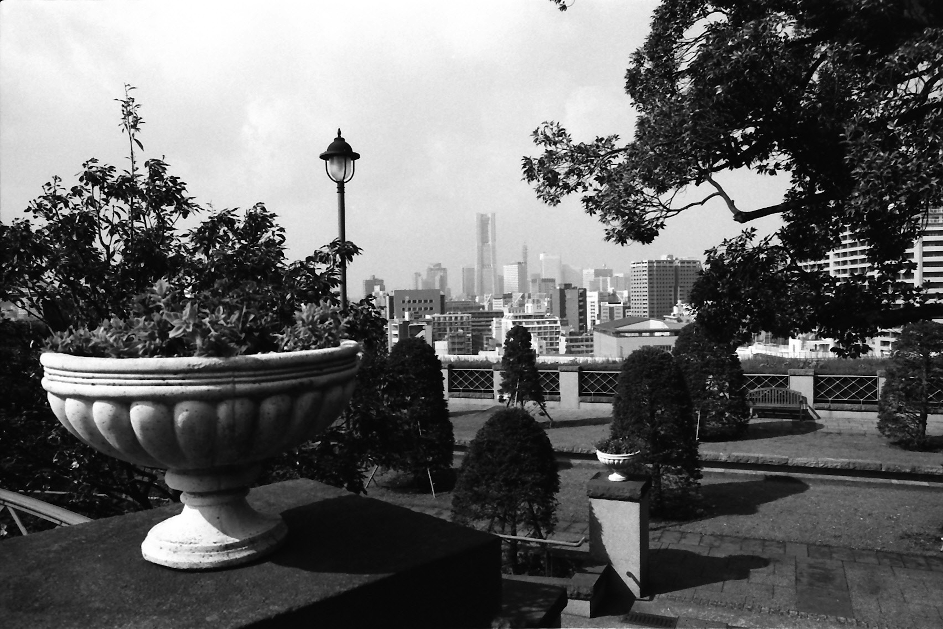 Vue du parc avec un pot décoratif et l'horizon urbain en arrière-plan