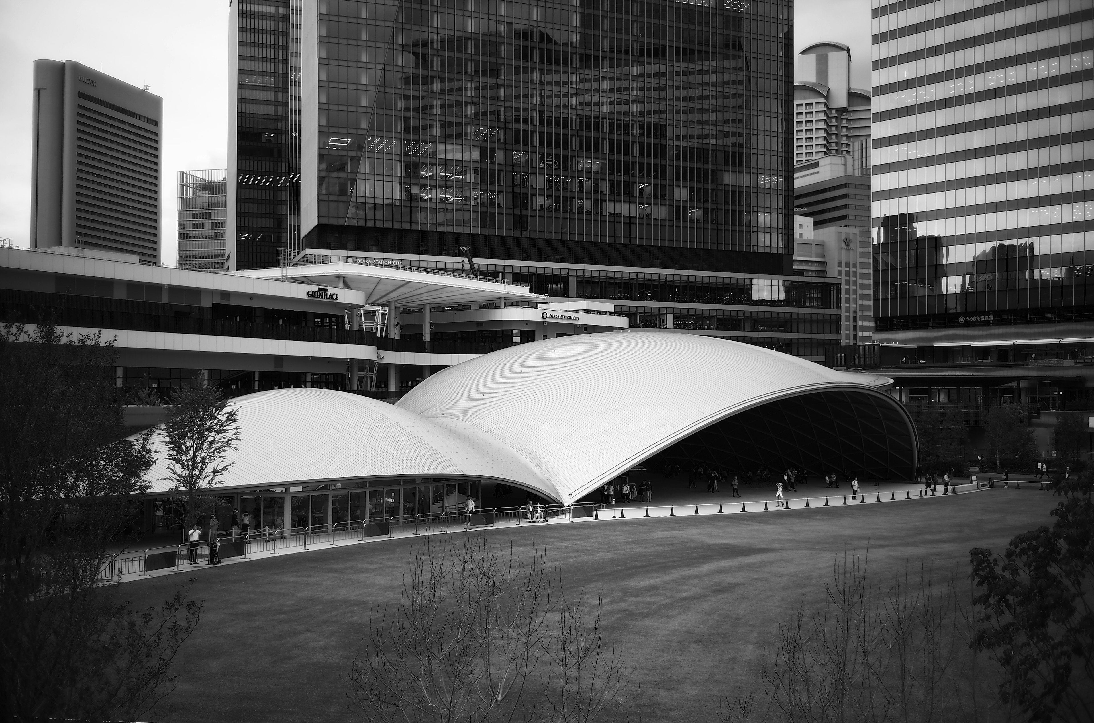 Toit architectural moderne dans un paysage urbain en noir et blanc