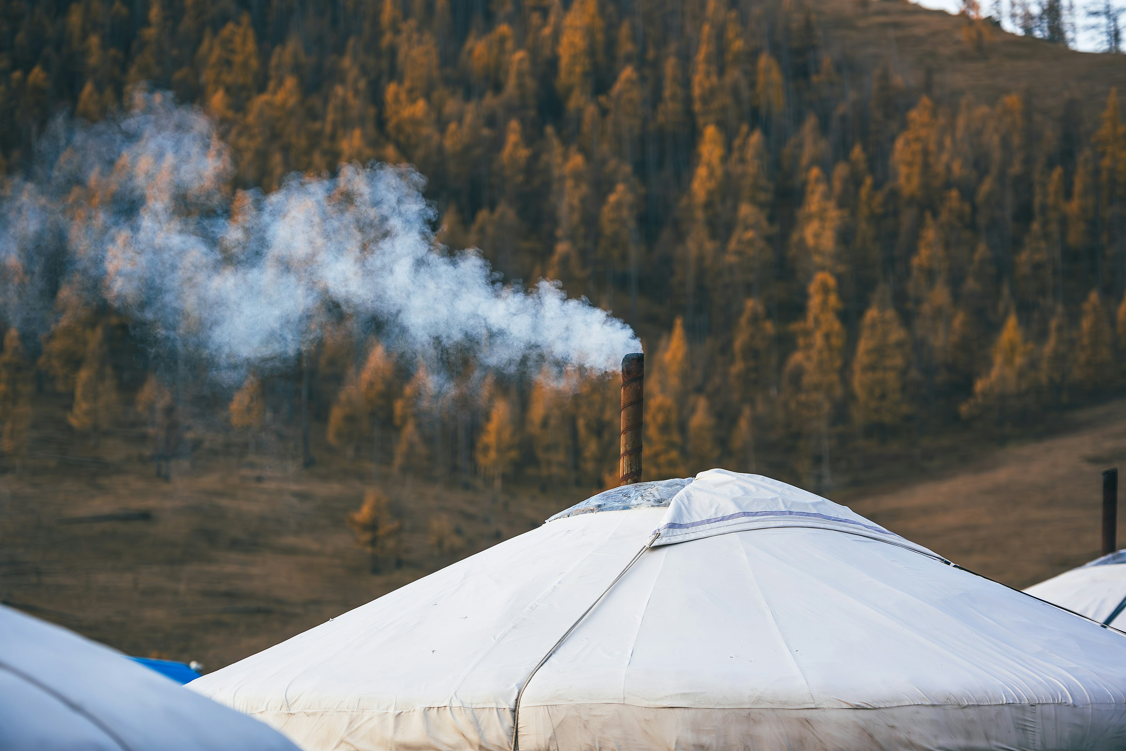 White yurt with smoke rising against an autumn forest