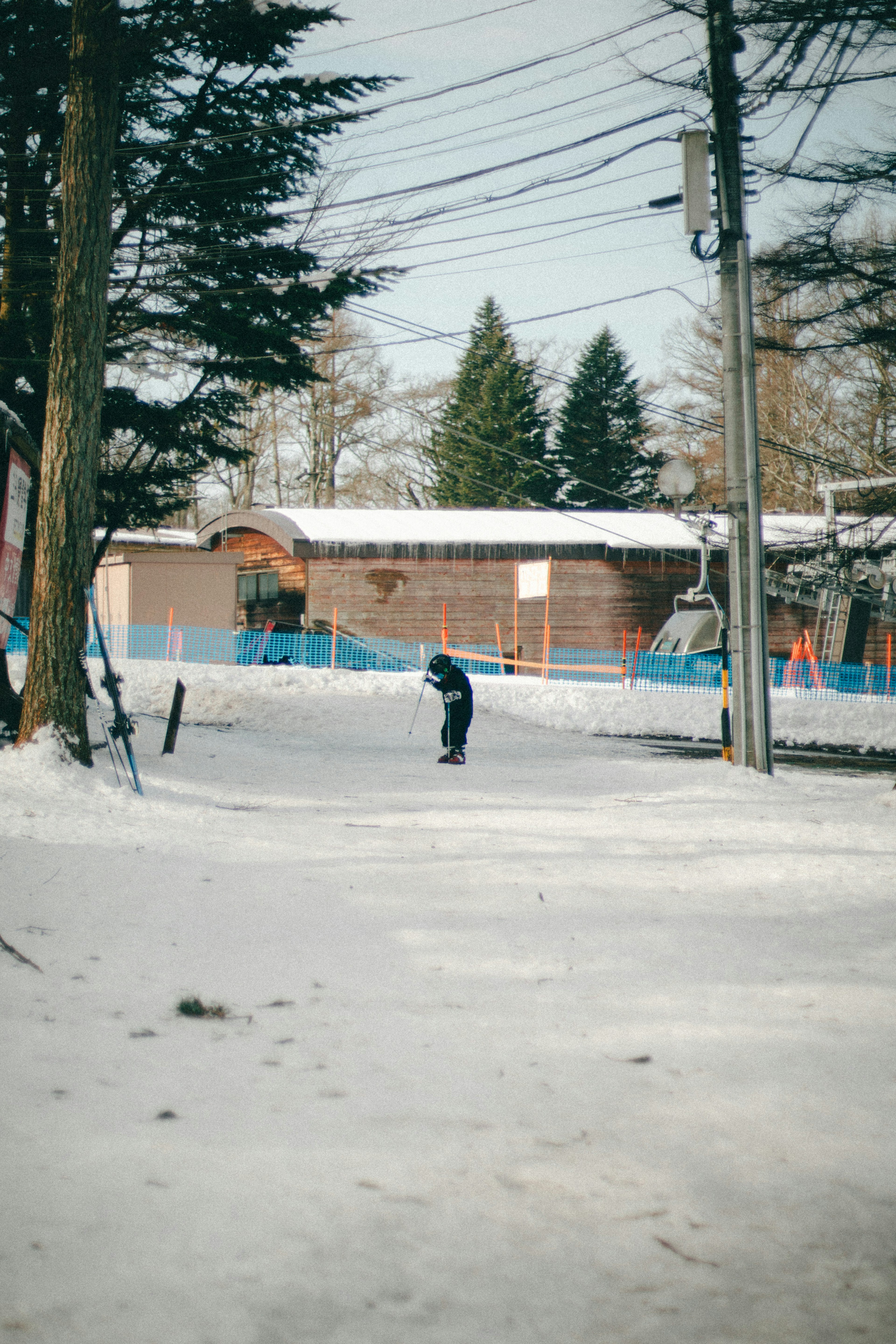 A person walking on a snow-covered path with trees in the background