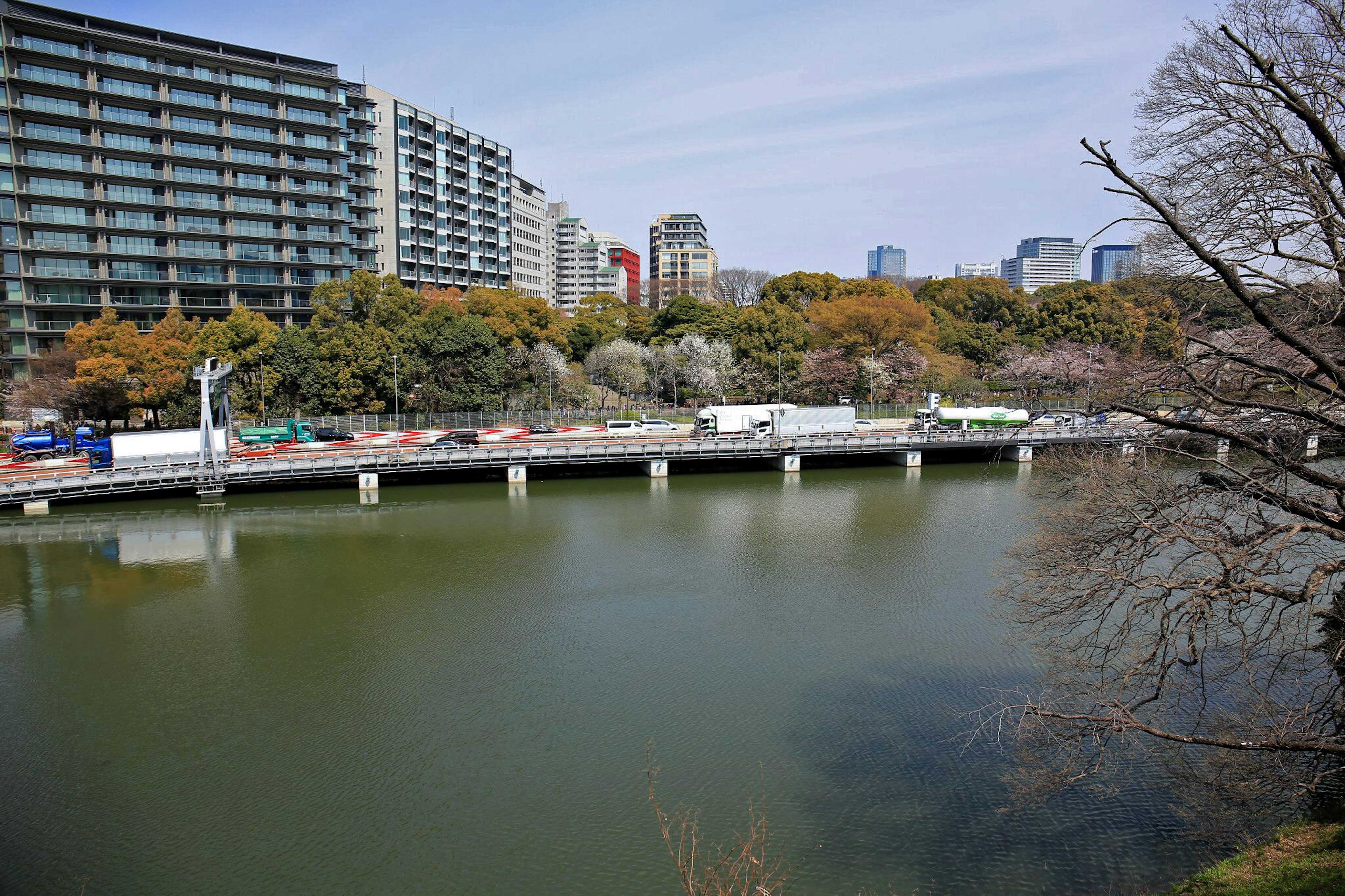 静かな池と周囲の高層ビルの風景