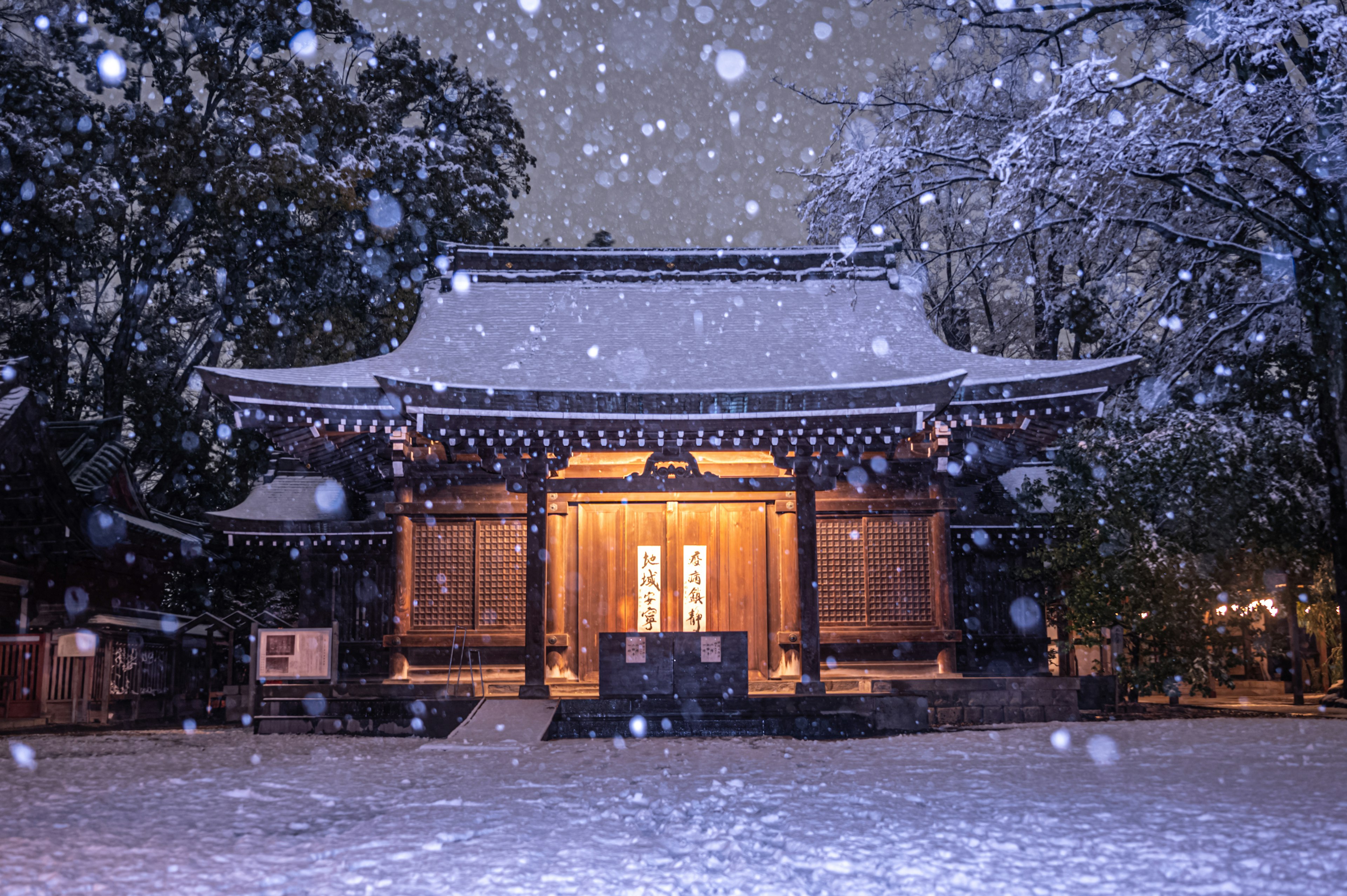 冬の雪に覆われた伝統的な日本の神社の建物