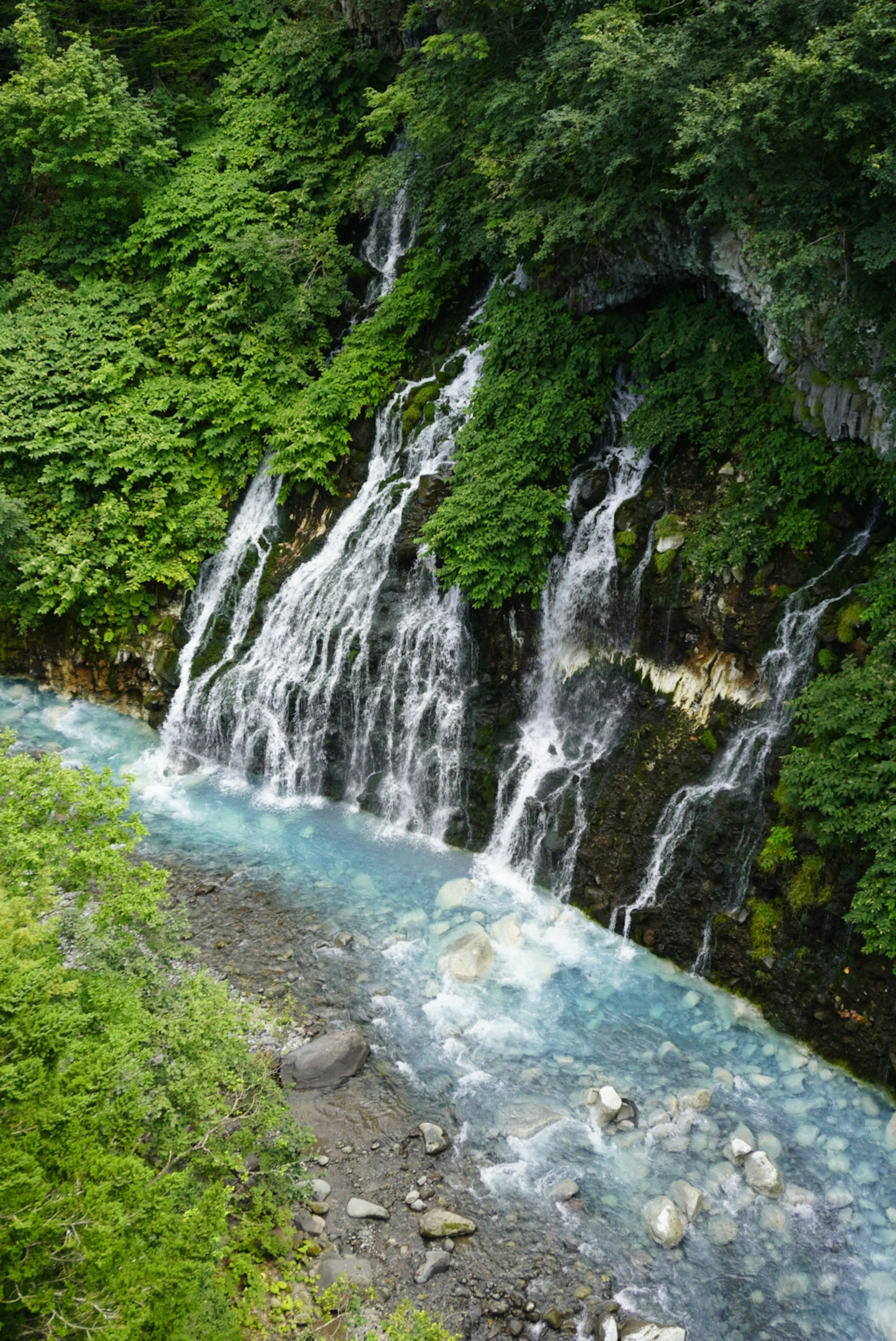 Magnifique cascade entourée d'arbres verts luxuriants et d'eau bleue