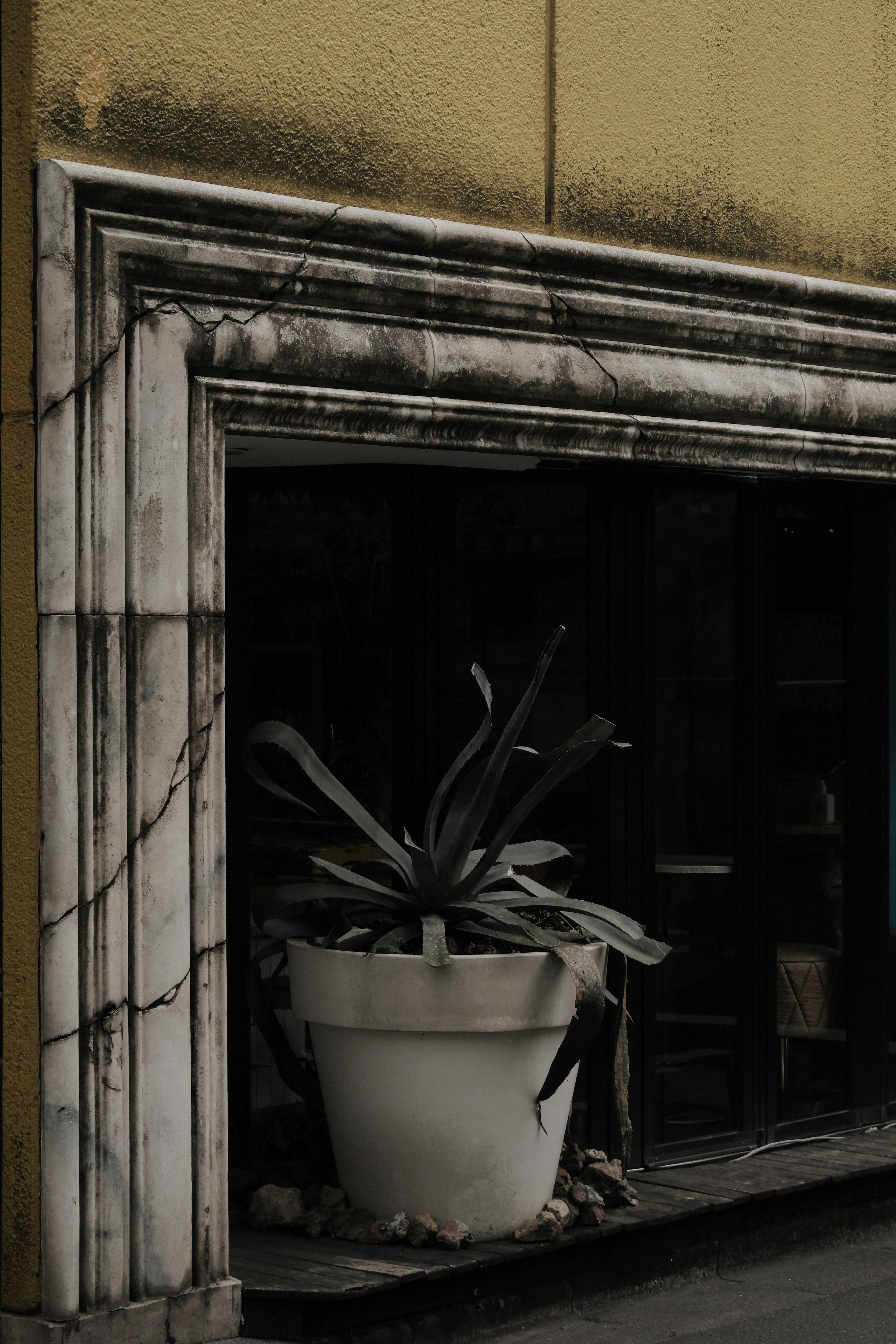 Grand pot de plante blanc à côté d'un cadre architectural usé sur un vieux bâtiment