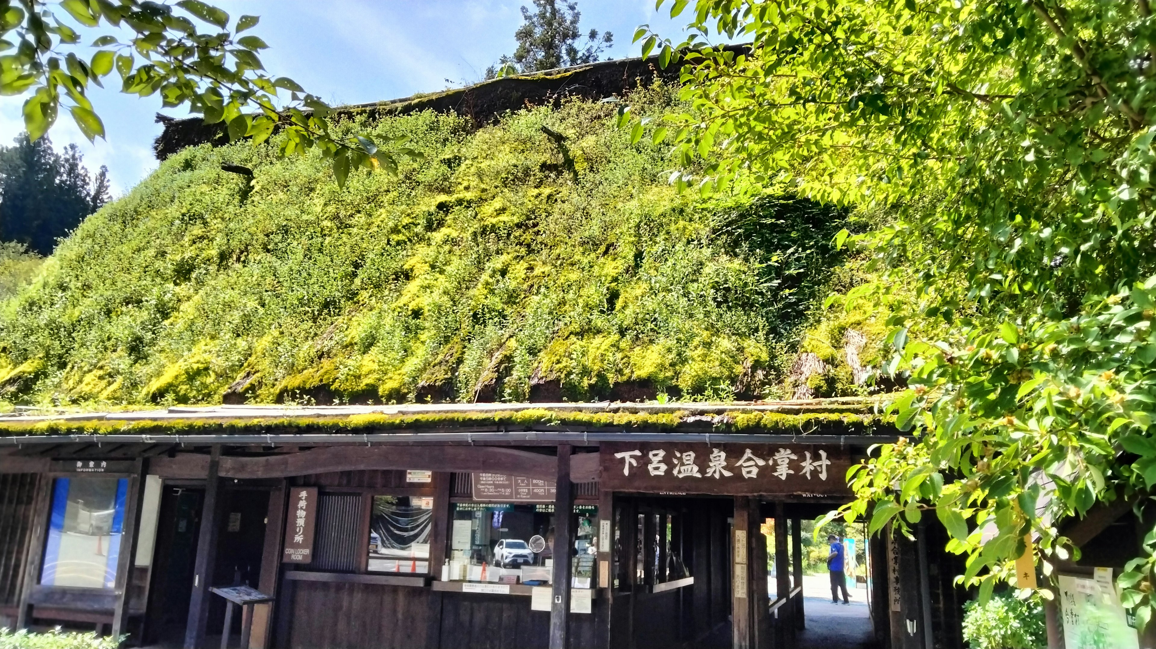 Casa japonesa tradicional con techo cubierto de musgo y exterior de madera