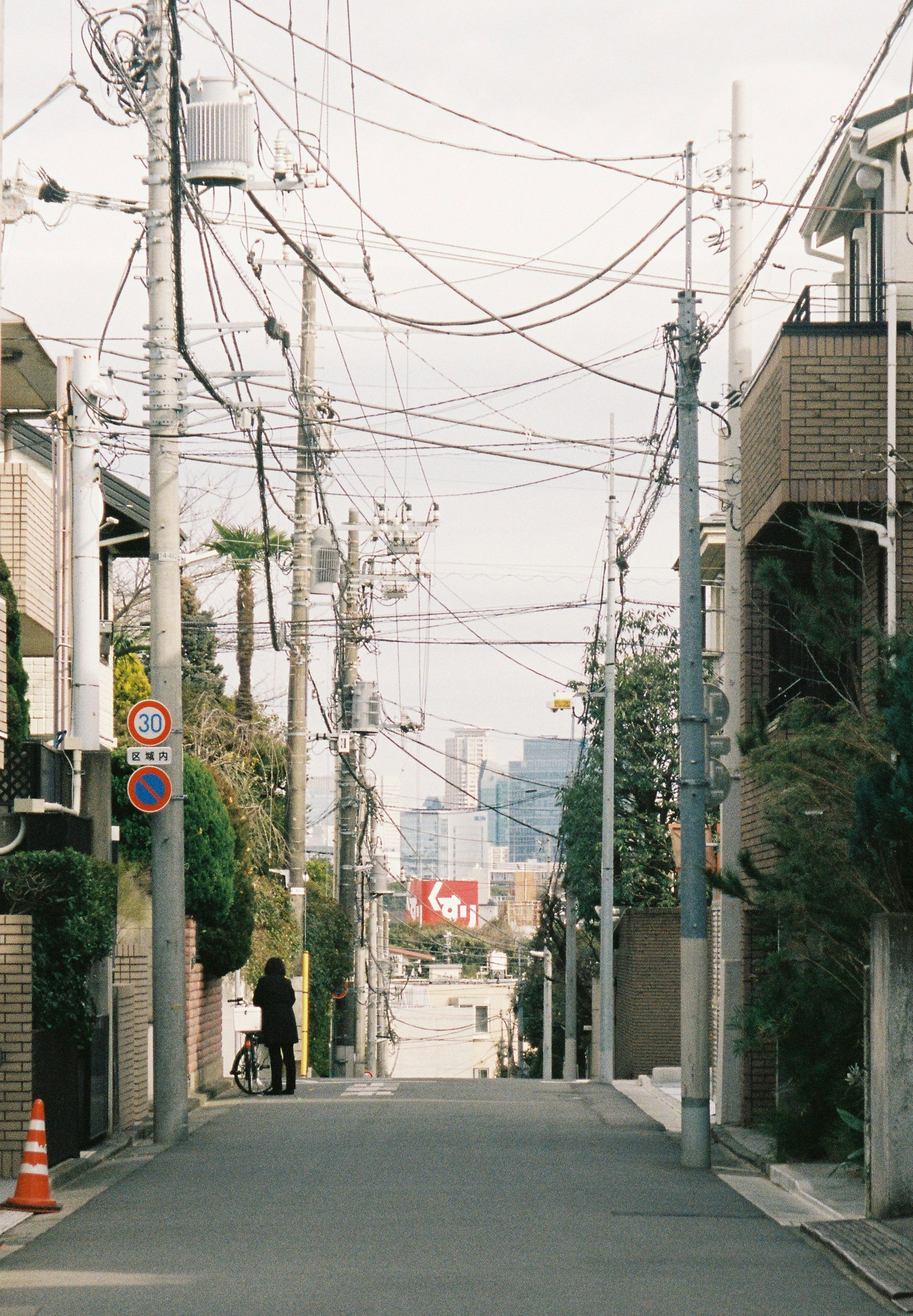 狭い路地に沿った住宅と電柱が見える風景