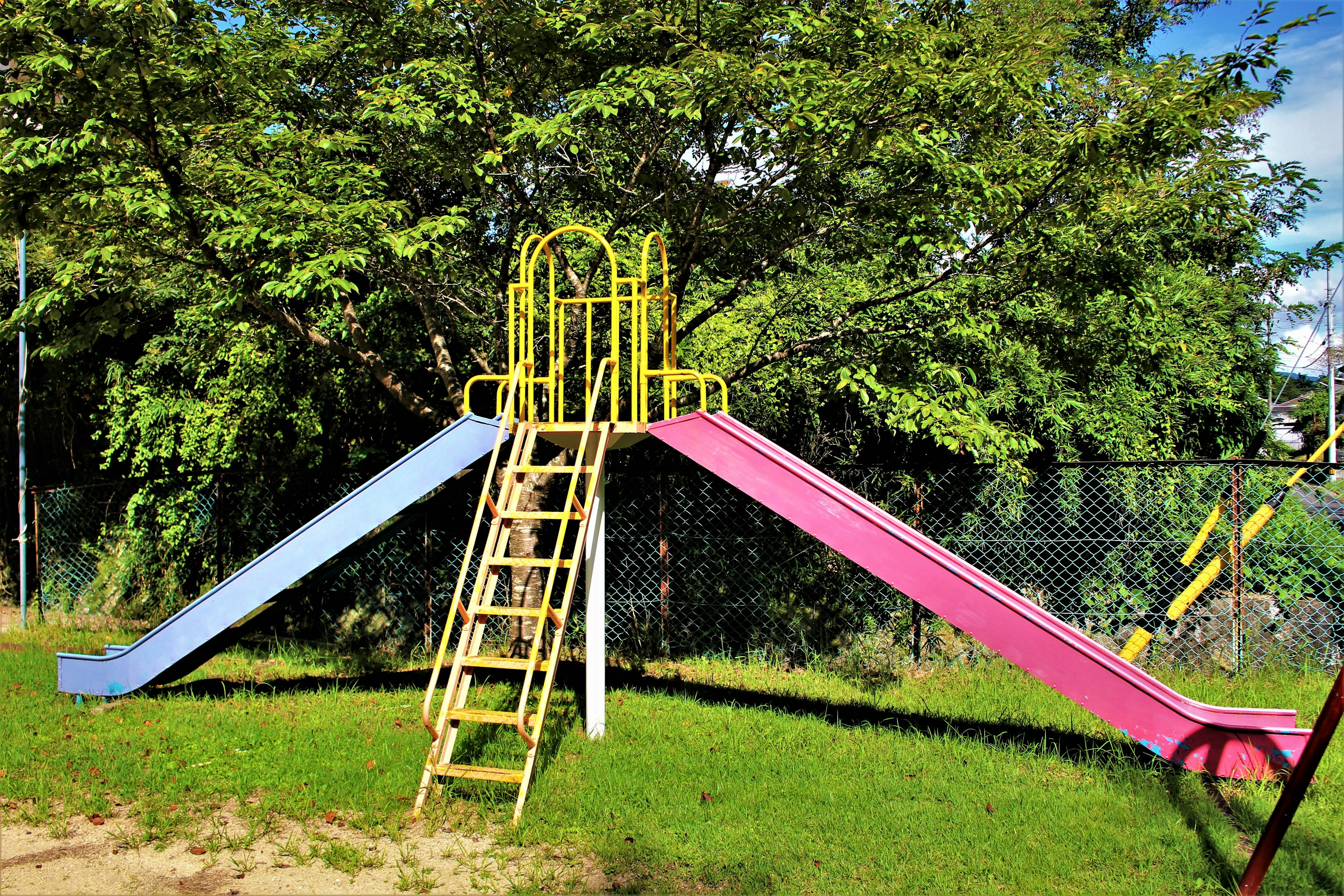 Colorful slide with a ladder in a playground